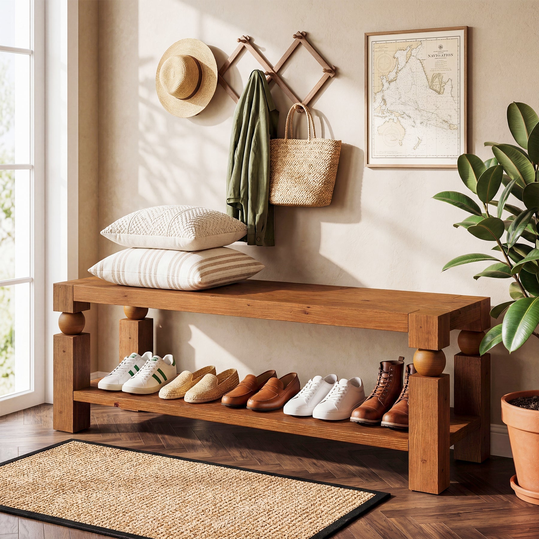 Solid Wood Entryway Bench, 47" Shoe Storage Bench with Shelf for Hallway