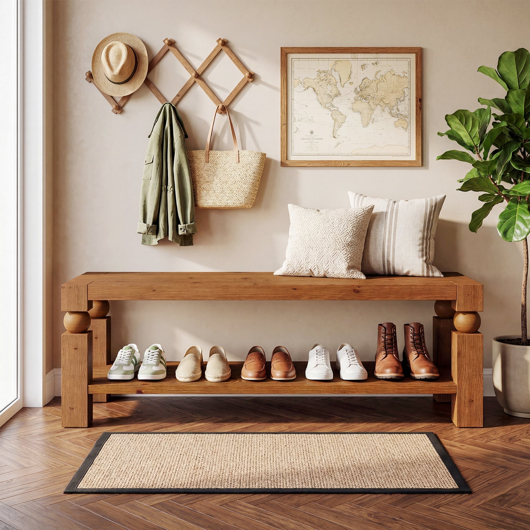 Solid Wood Entryway Bench, 47" Shoe Storage Bench with Shelf for Hallway