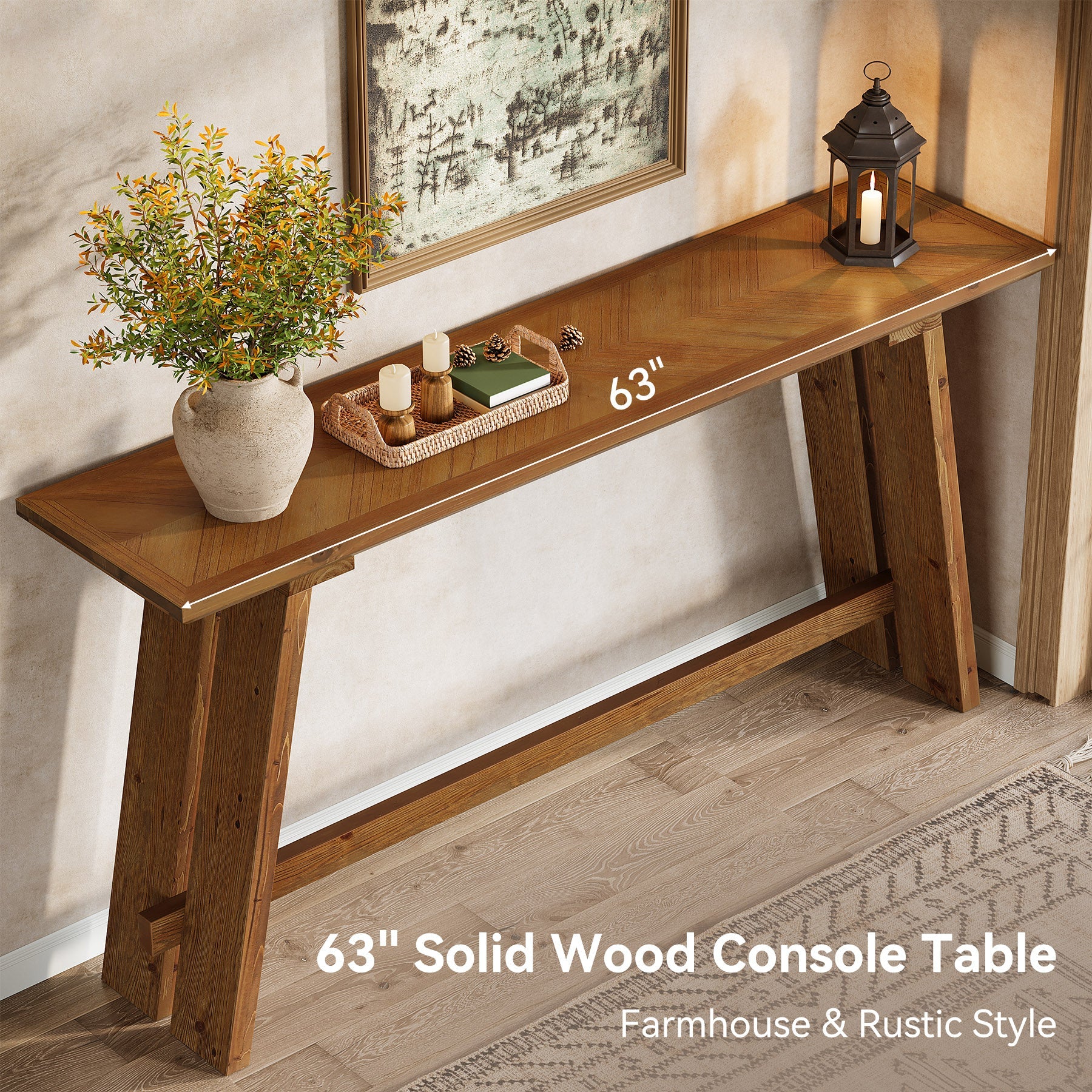 Solid Wood Console Table, 63" Farmhouse Sofa Table Behind Couch