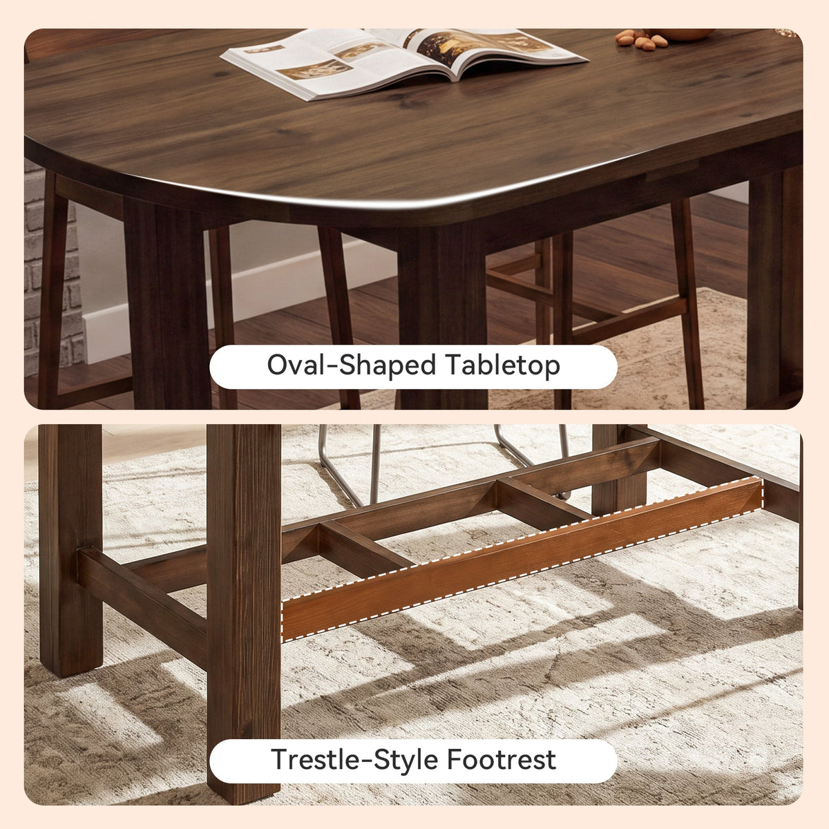 63" Solid Wood Kitchen Island, Farmhouse Stationary Island Table with Oval Tabletop