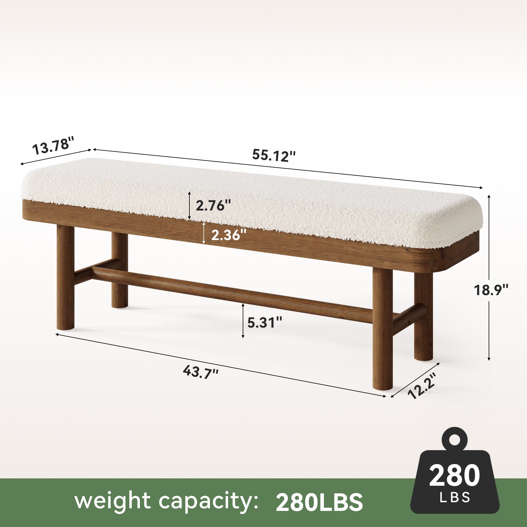 Solid Wood Shoe Bench, 55" Upholstered Entryway Bench with Removable Cushion