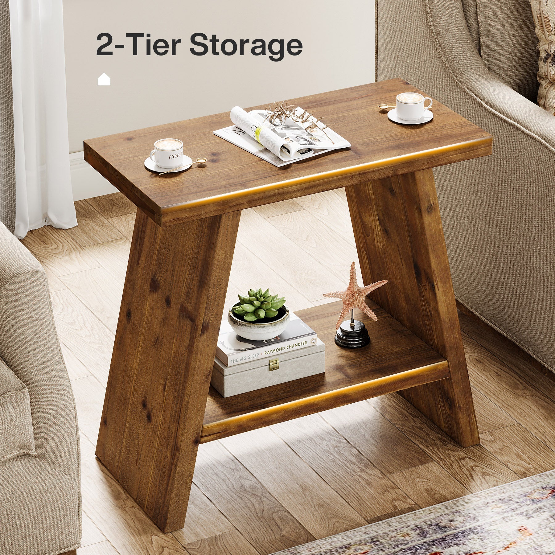 23.6" End Table, Solid Wood Small Side Table with 2-Tier Storage