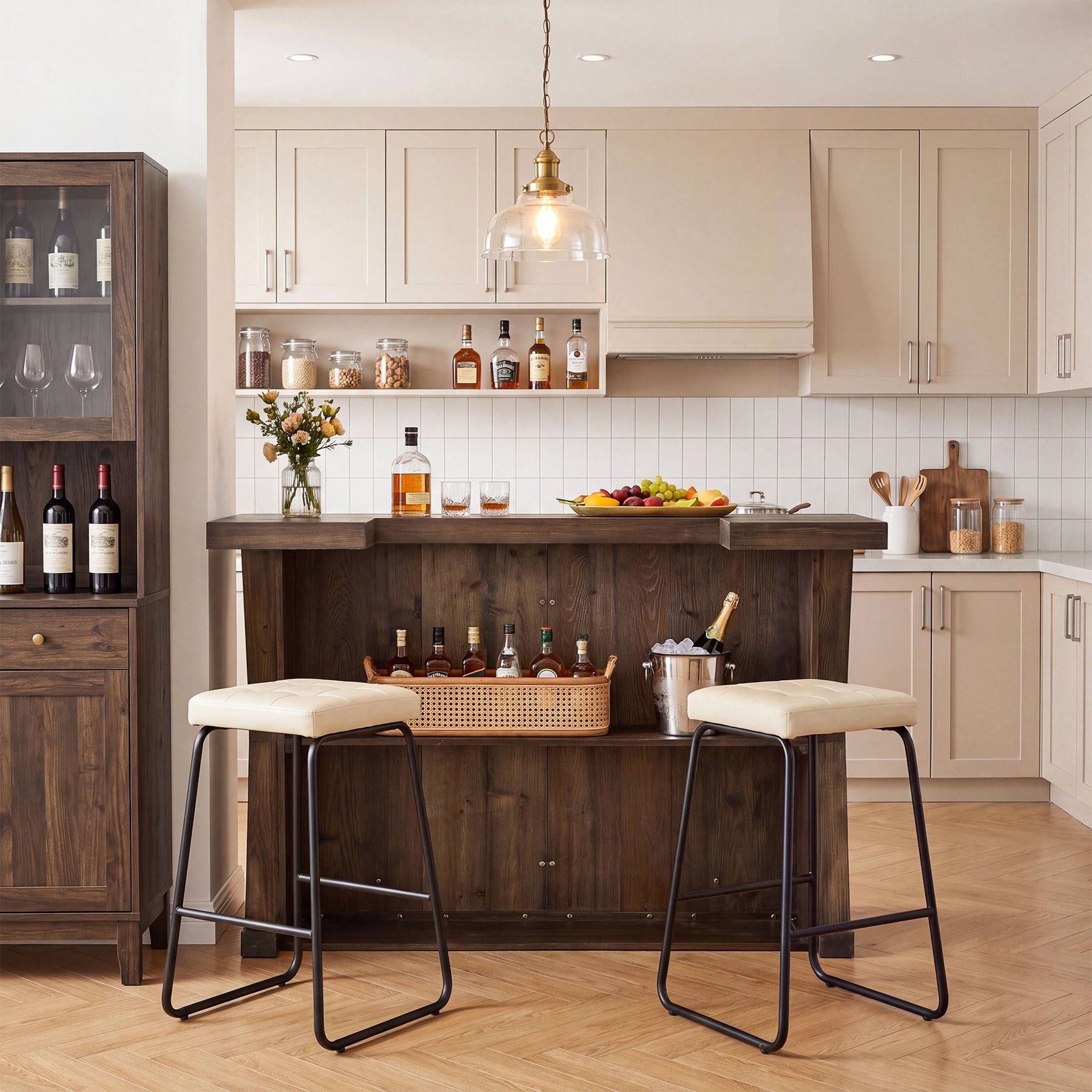 59" Home Bar Unit with Storage Shelves & Foot Rail, Farmhouse Solid Wood 3-Tier Bar Cabinet