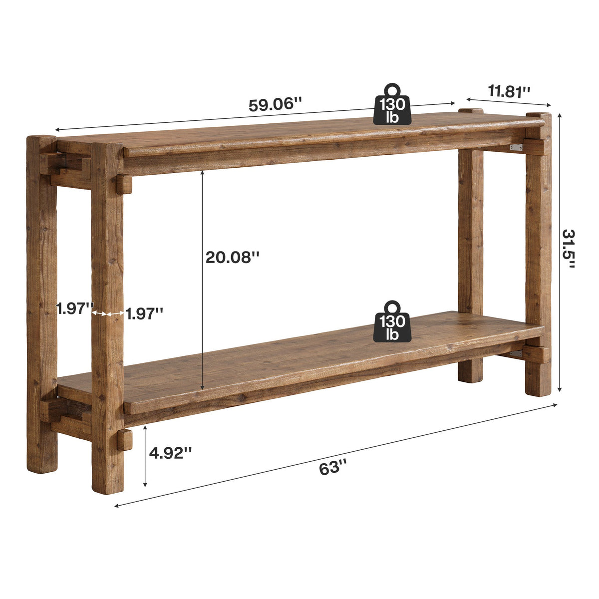 63" Solid Wood Console Table, 2 - Tier Farmhouse Entryway Table with Storage Tribesigns