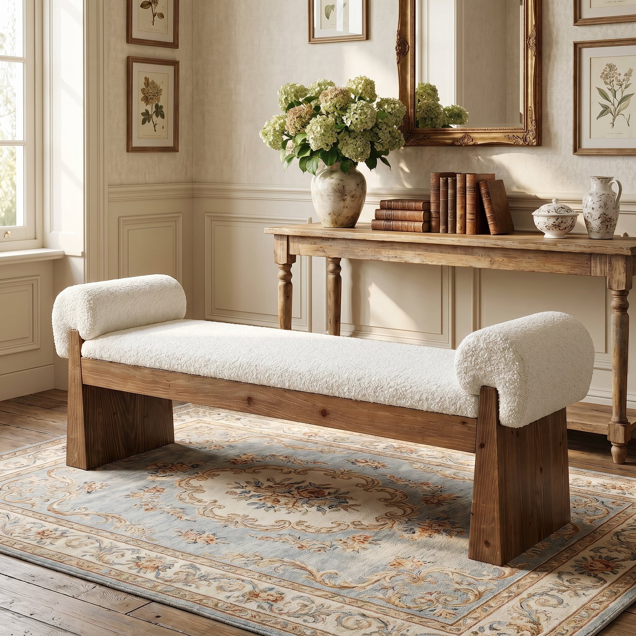 Solid Wood Cushioned Bench, Upholstered Entryway Bench End of Bed Bench
