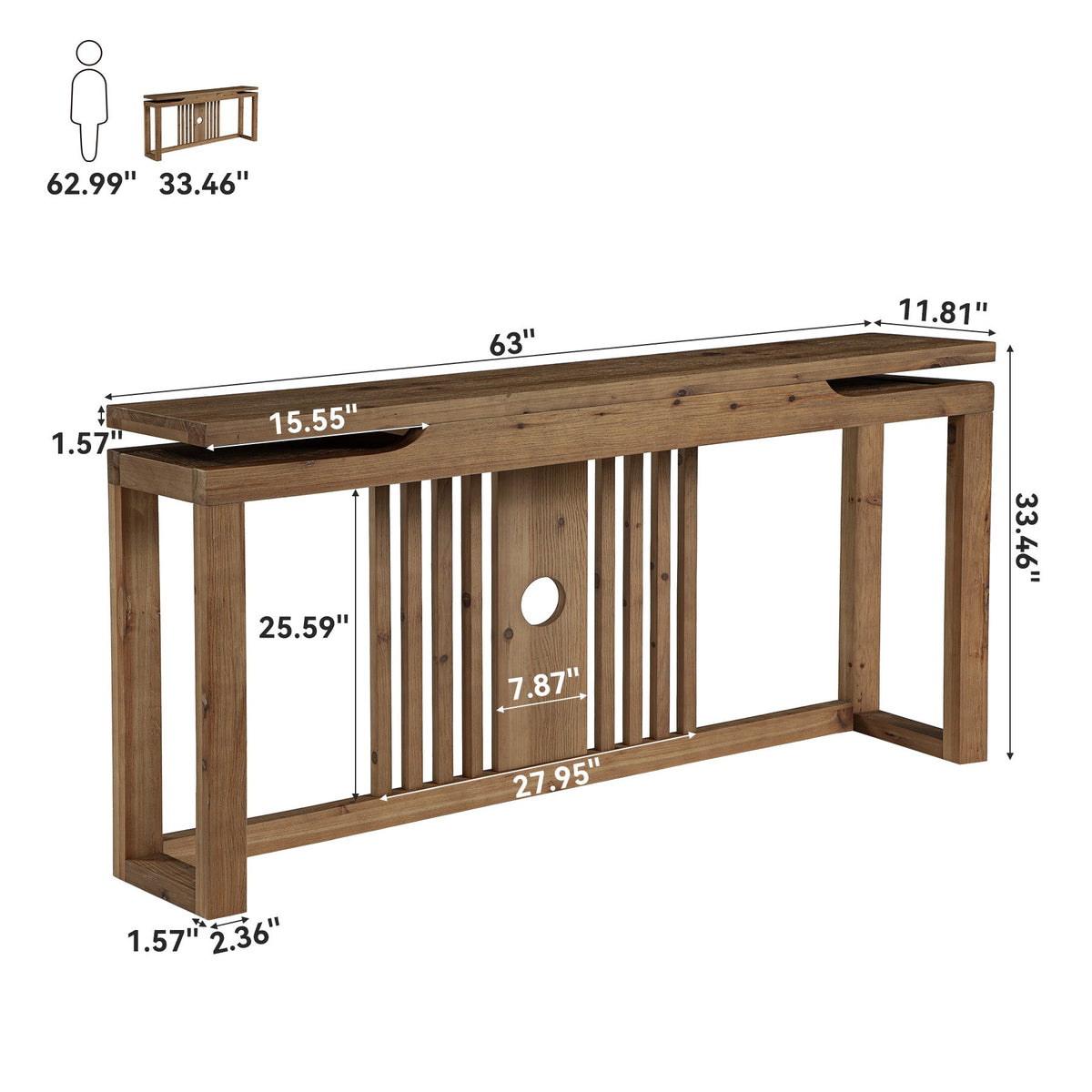 63" Solid Wood Console Table for Entryway, Farmhouse Sofa Table with Slatted Hollow Layered Design