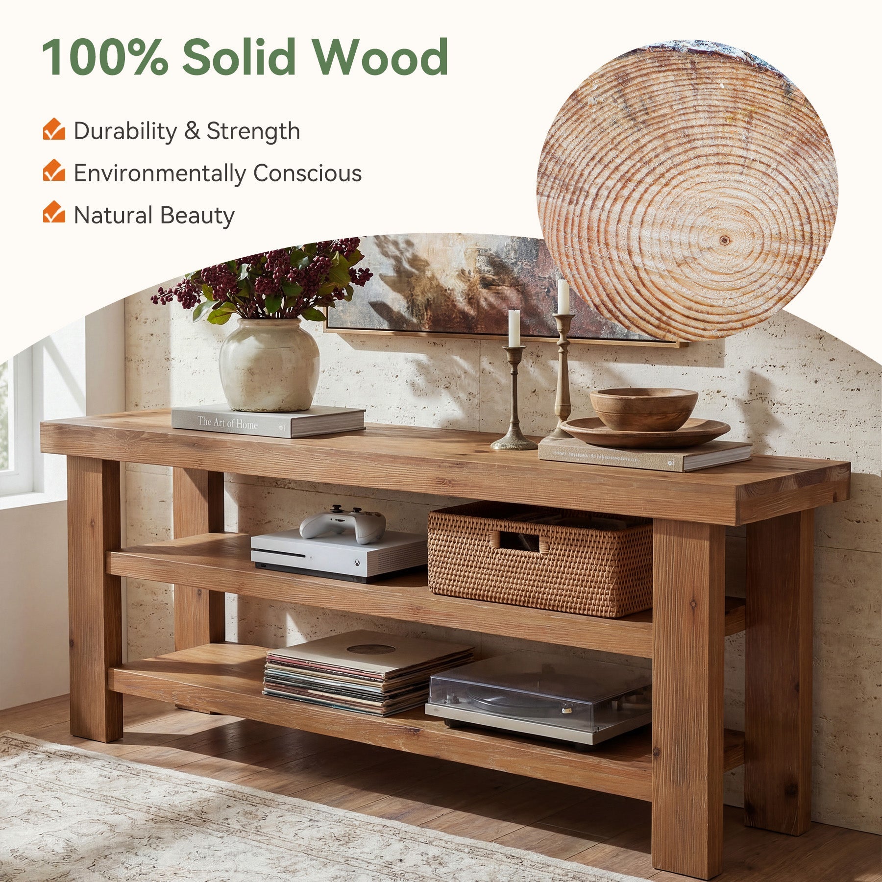 63" Solid Wood TV Stand for 55–75 Inch TVs, Farmhouse Entertainment Center with 2-Tier Open Shelves