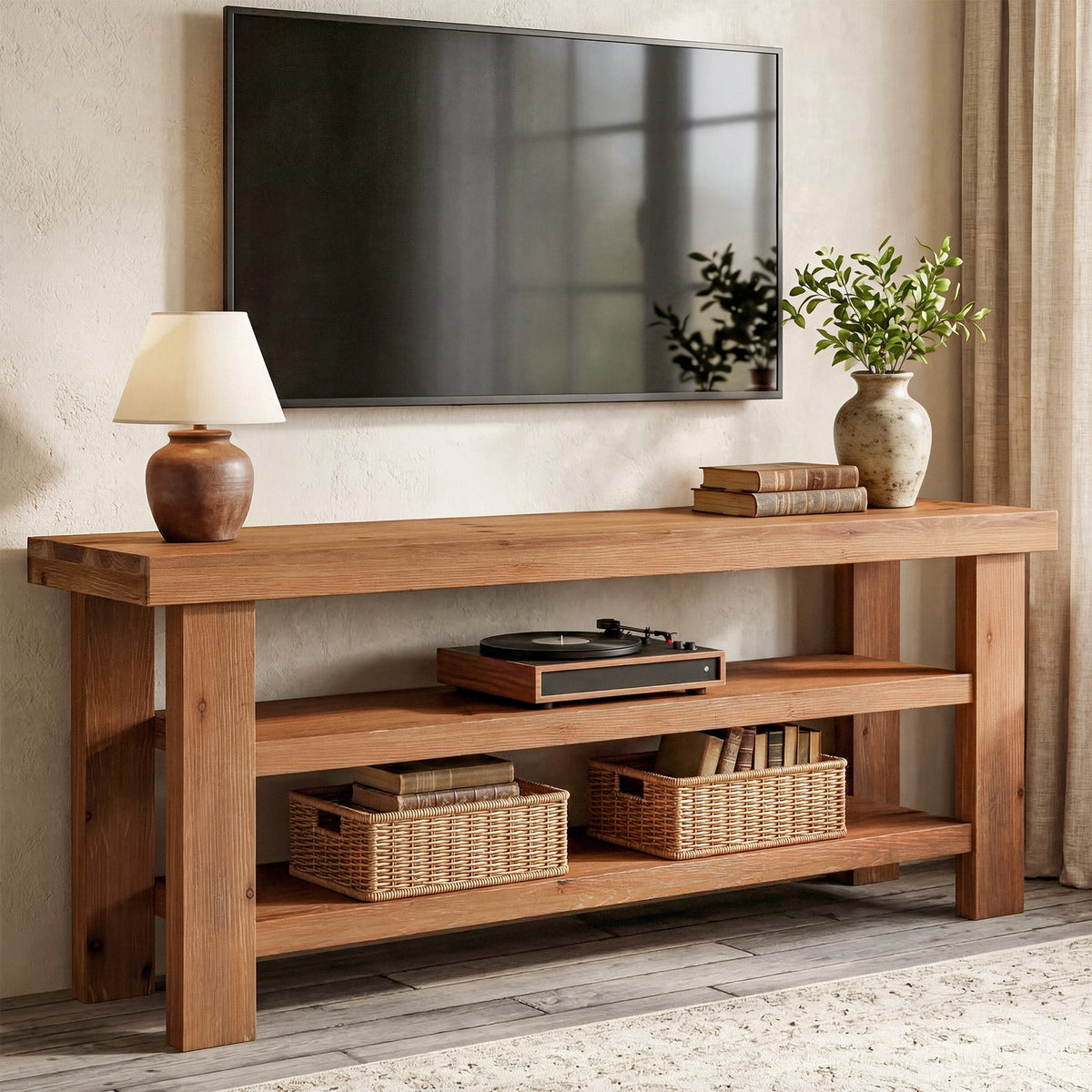 63" Solid Wood TV Stand for 55–75 Inch TVs, Farmhouse Entertainment Center with 2-Tier Open Shelves