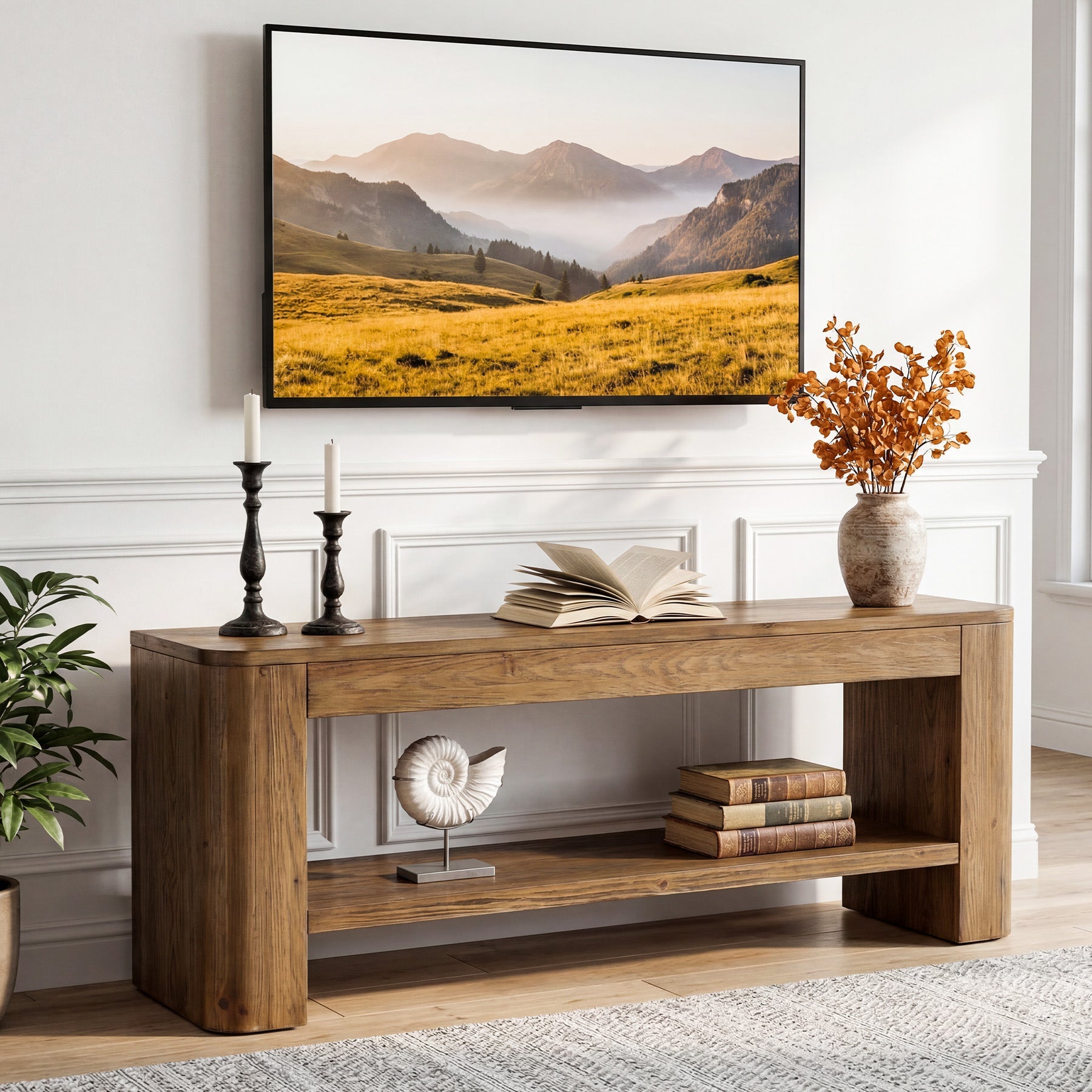 59“ Solid Wood TV Stand for 55–65 Inch TVs, Farmhouse Media Console with Open Shelves for Living Room or Bedroom