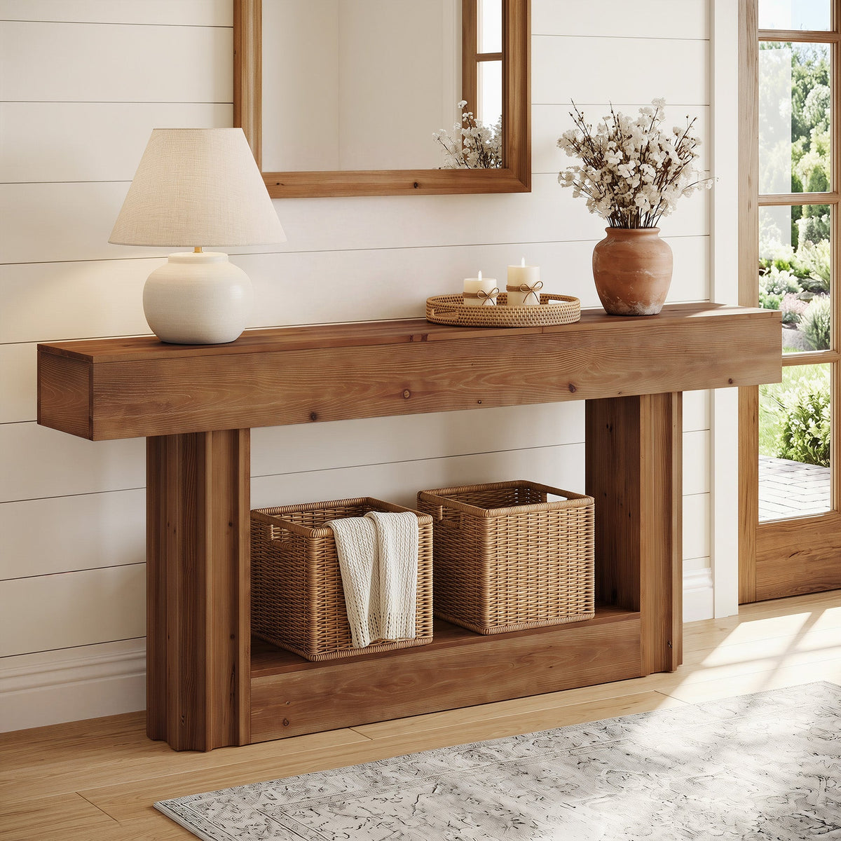 63" Solid Wood Console Table, 2-Tier Farmhouse Sofa Entryway Table ...