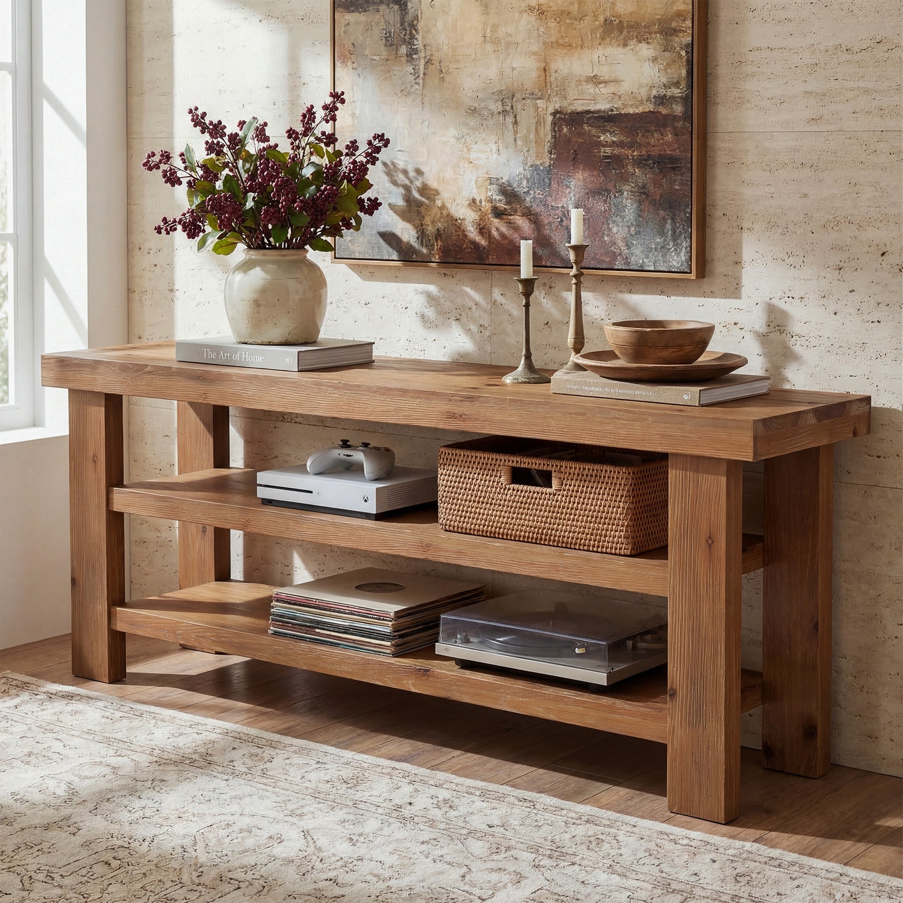 63" Solid Wood TV Stand for 55–75 Inch TVs, Farmhouse Entertainment Center with 2-Tier Open Shelves