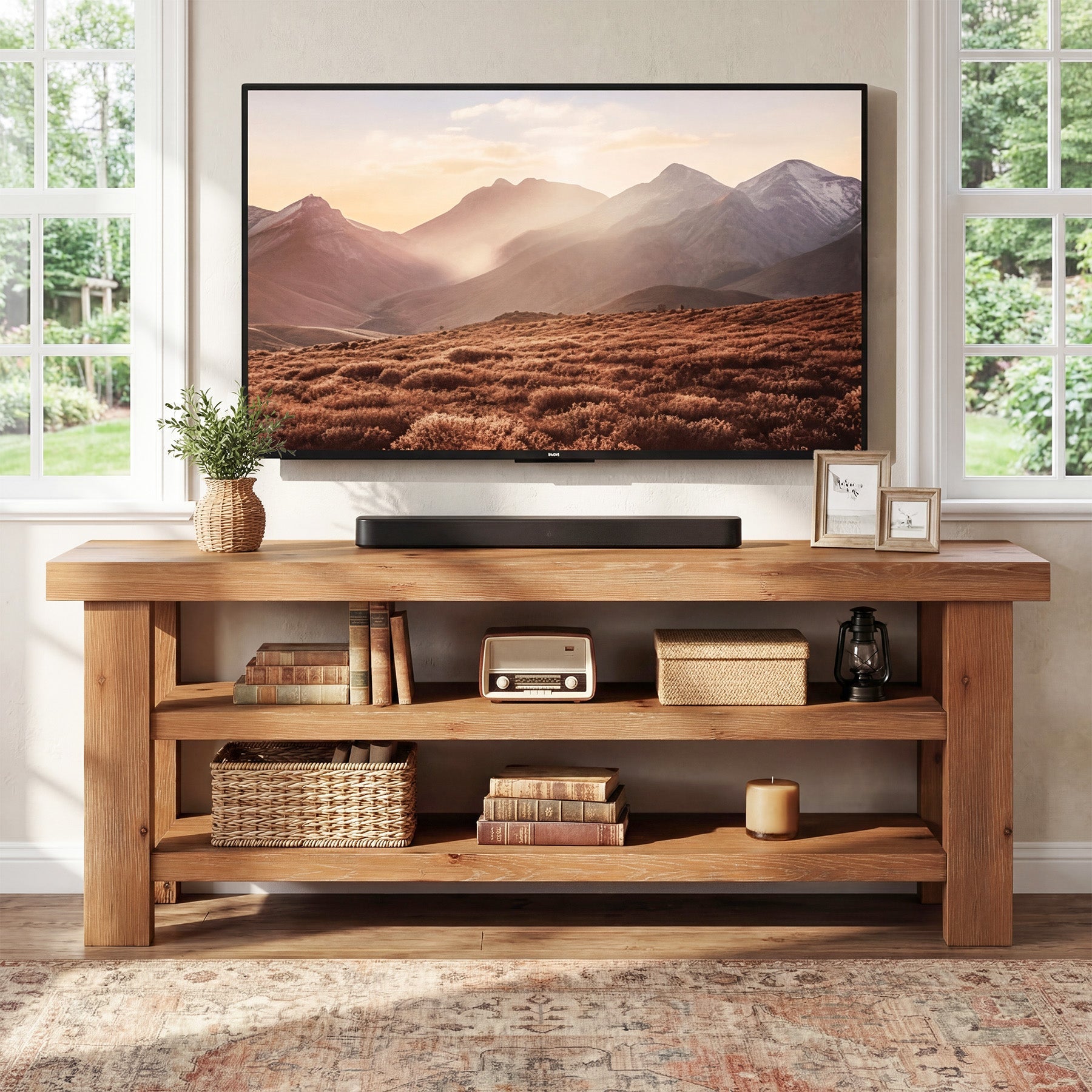 63" Solid Wood TV Stand for 55–75 Inch TVs, Farmhouse Entertainment Center with 2-Tier Open Shelves