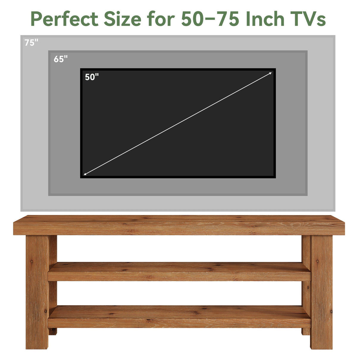 63" Solid Wood TV Stand for 55–75 Inch TVs, Farmhouse Entertainment Center with 2-Tier Open Shelves