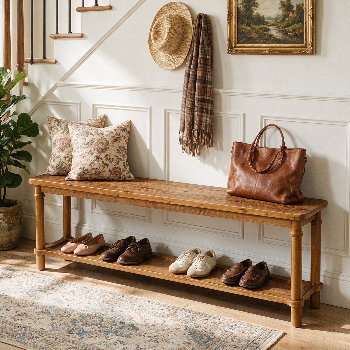 63" Solid Wood Entryway Bench, Farmhouse Shoe Storage Bench with 2-Tier Shelf for Hallway