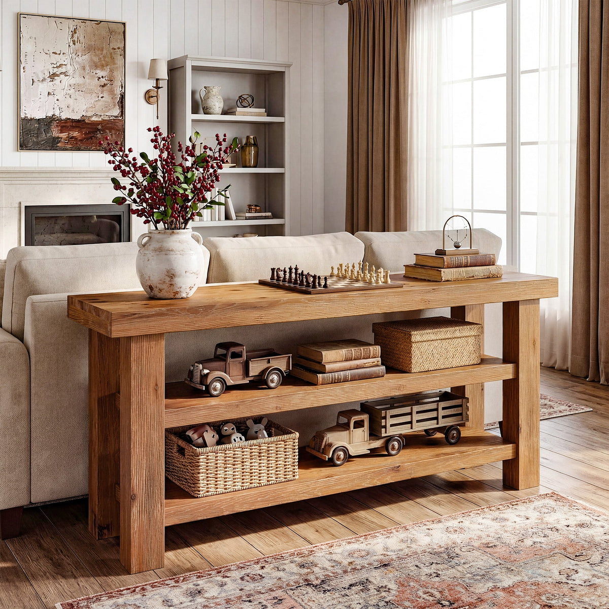 63" Solid Wood TV Stand for 55–75 Inch TVs, Farmhouse Entertainment Center with 2-Tier Open Shelves