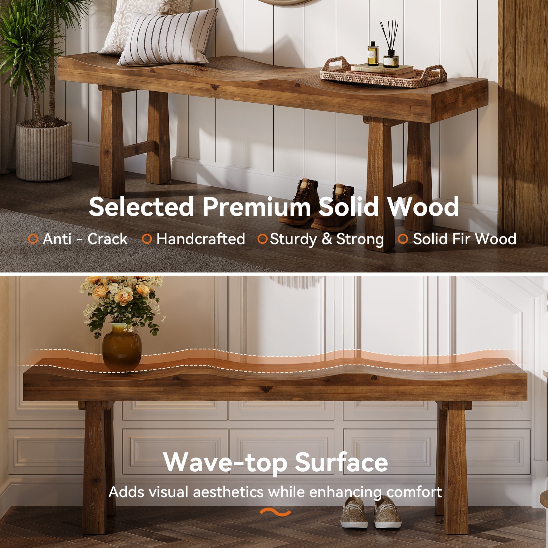 55" Entryway Bench, Solid Wood Storage Bench with Wave-Top Design for Foyer