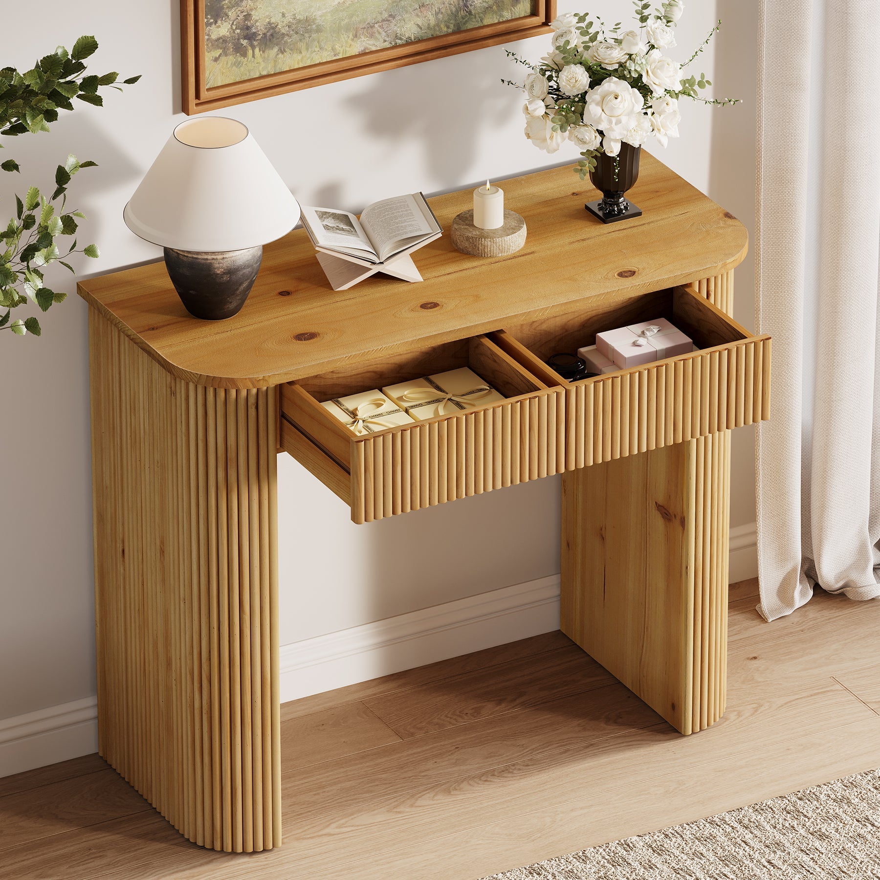 Solid Wood Console Table, 39" Fluted Entryway Sofa Table with Drawers