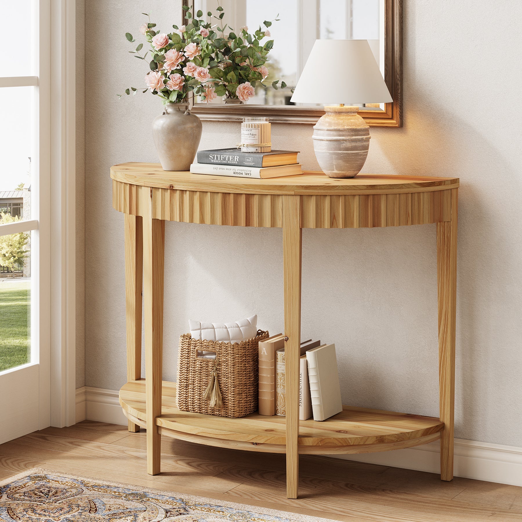 Solid Wood Console Table, Half Moon Entryway Table with 2-Tier Shelf