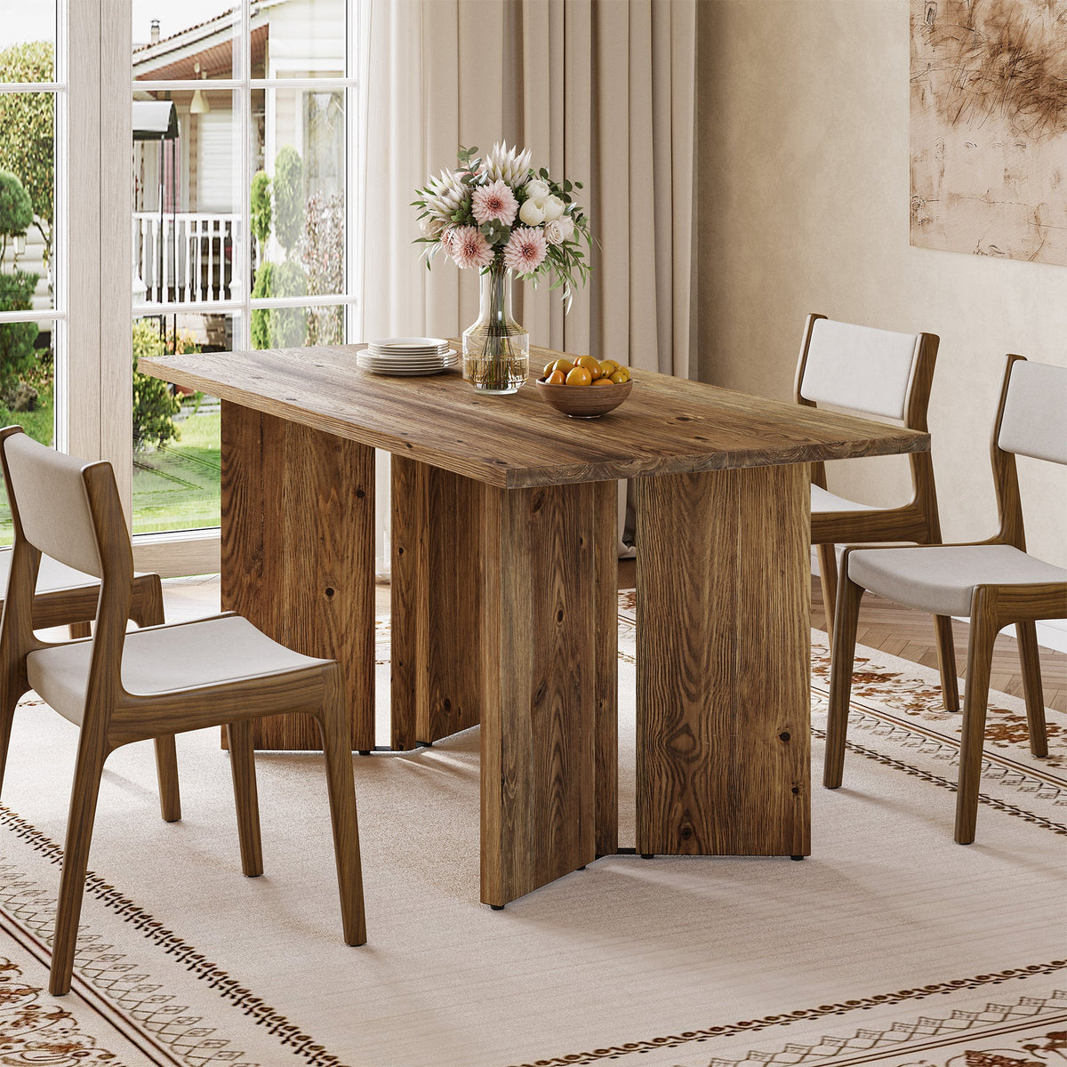 Solid Wood Dining Table, 63" Farmhouse Long Kitchen Table-TribeWood
