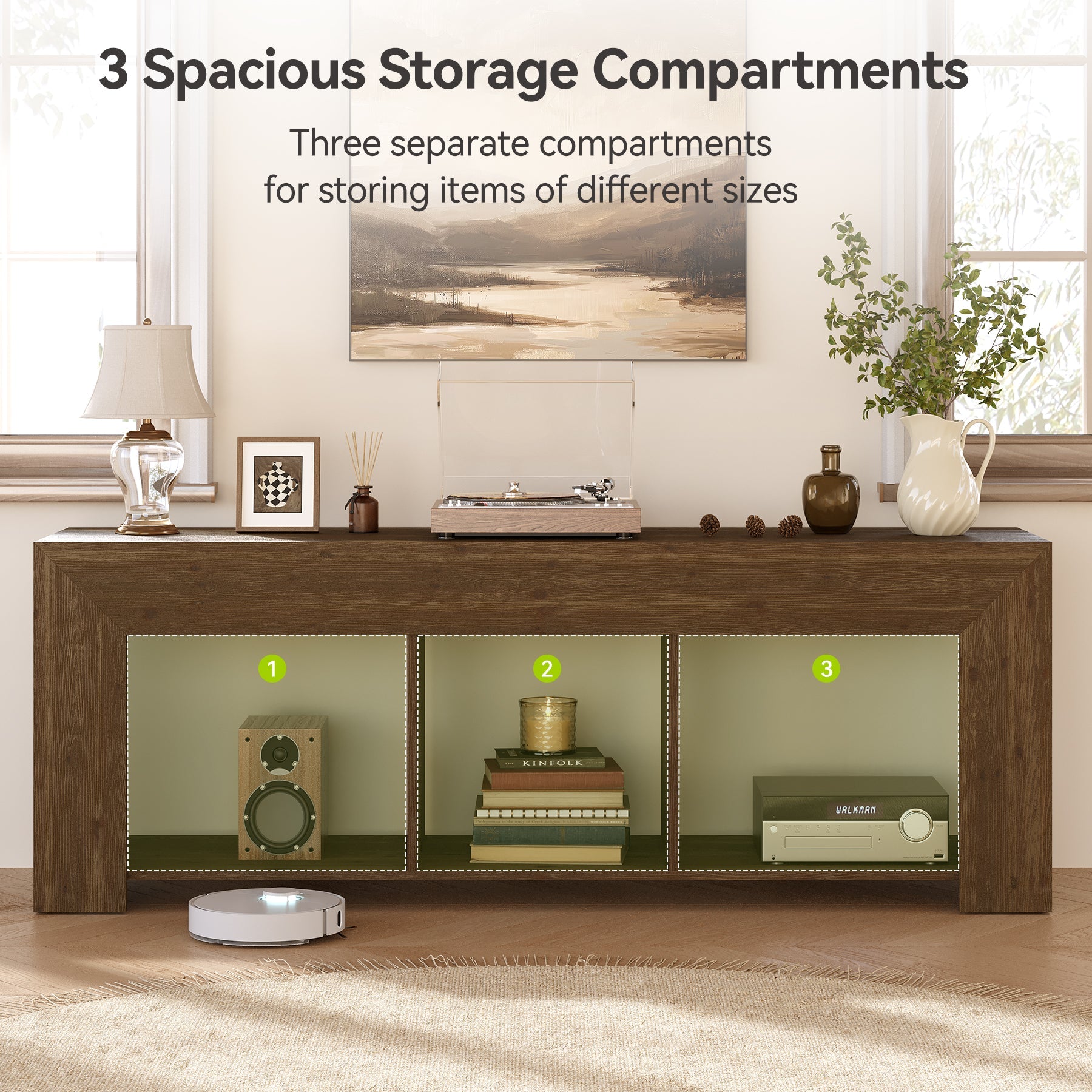 Solid Wood TV Stand, 63" Entertainment Center with Storage for 65" TV