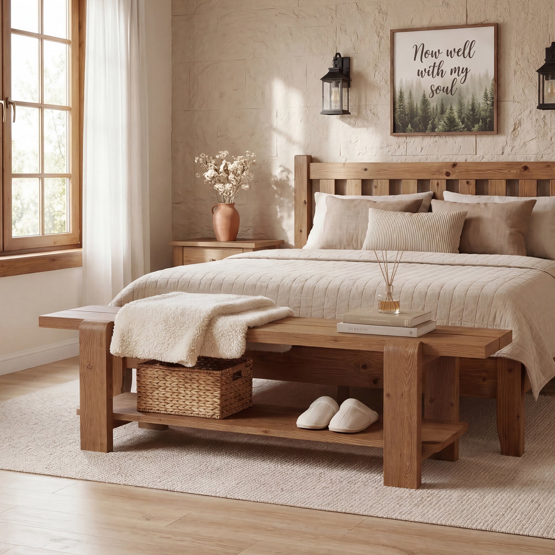 Solid Wood Entryway Bench, 63" End of Bed Bench with Shoe Storage Shelf