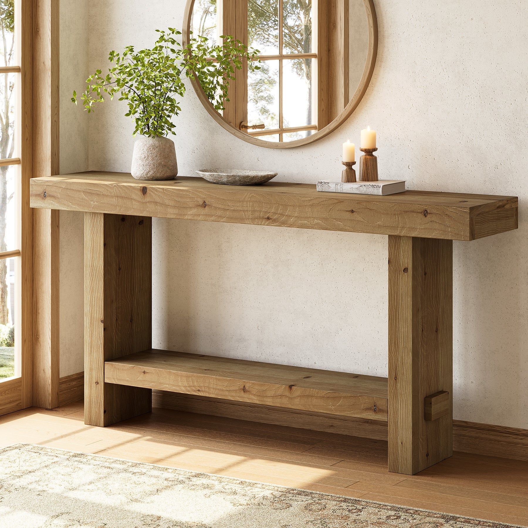 63" Solid Wood Console Table, 2-Tier Narrow Entryway Table for Hallway