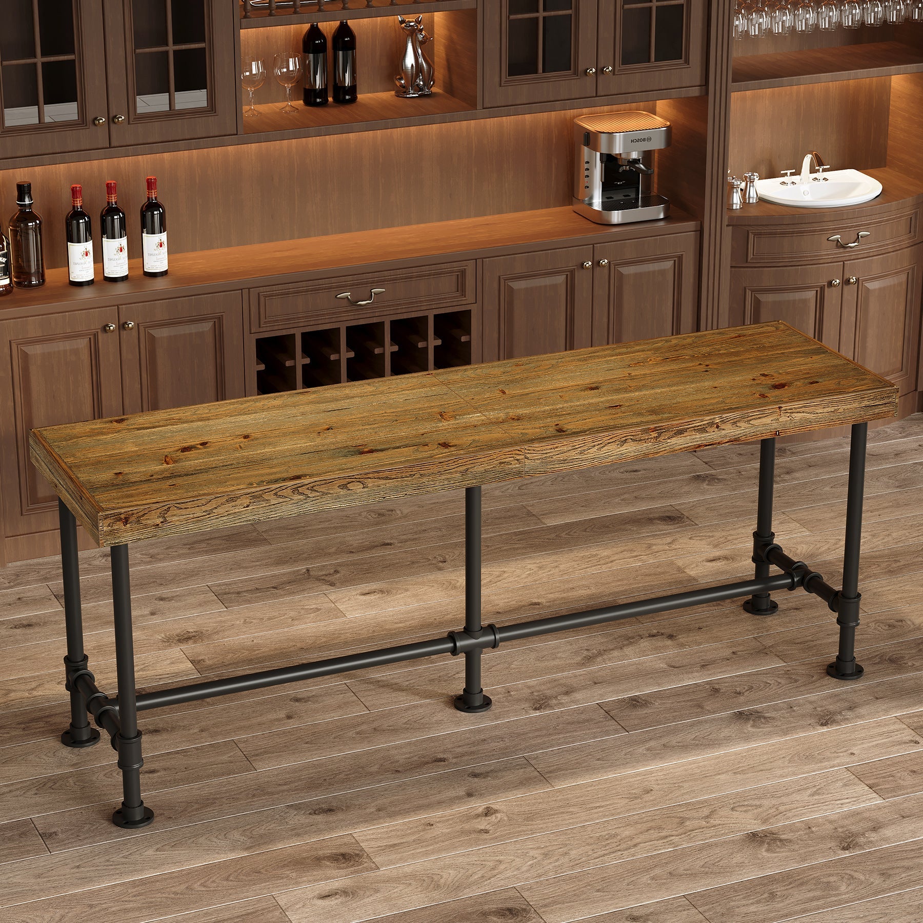 70.87" Solid Wood Bar Table for 6-8 People, Industrial Counter Height Pub Table