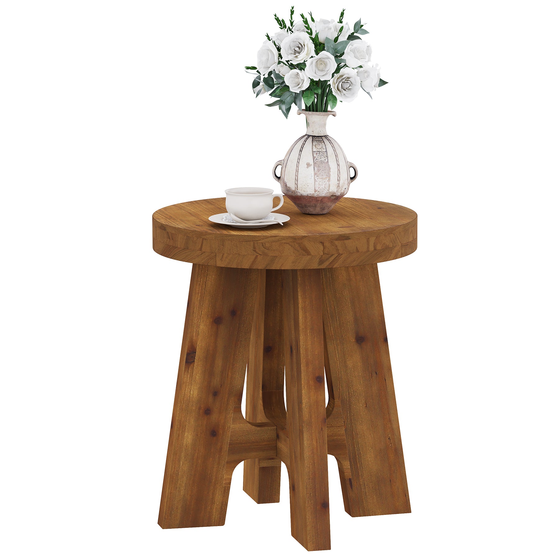 Solid Wood End Table, Round Side Table with Heavy-Duty Legs for Couch