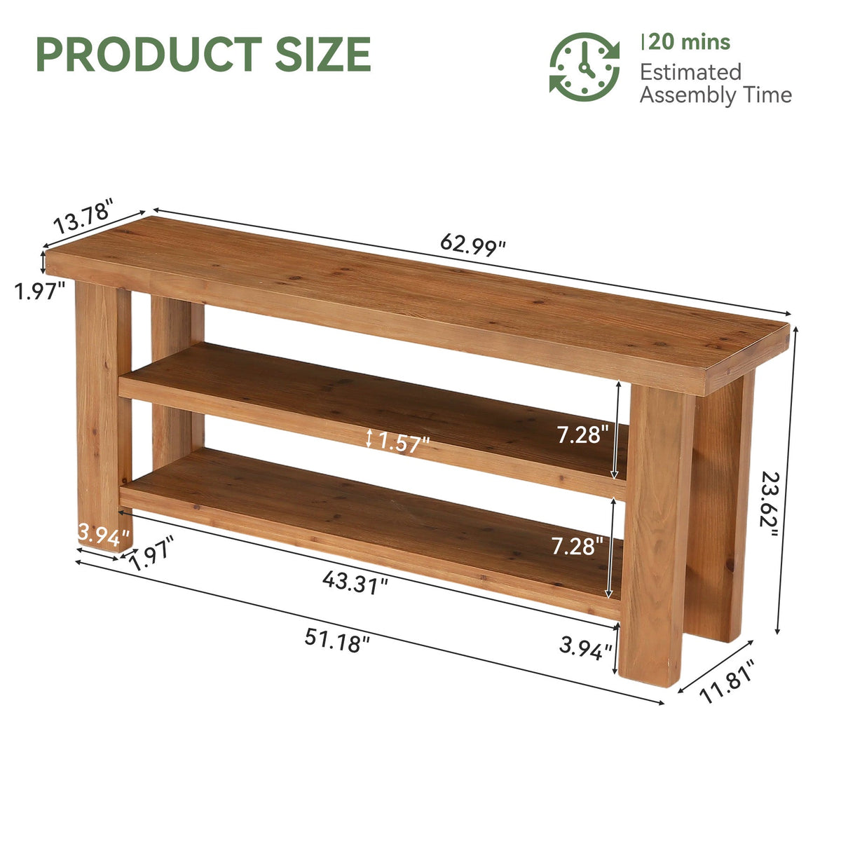 63" Solid Wood TV Stand for 55–75 Inch TVs, Farmhouse Entertainment Center with 2-Tier Open Shelves