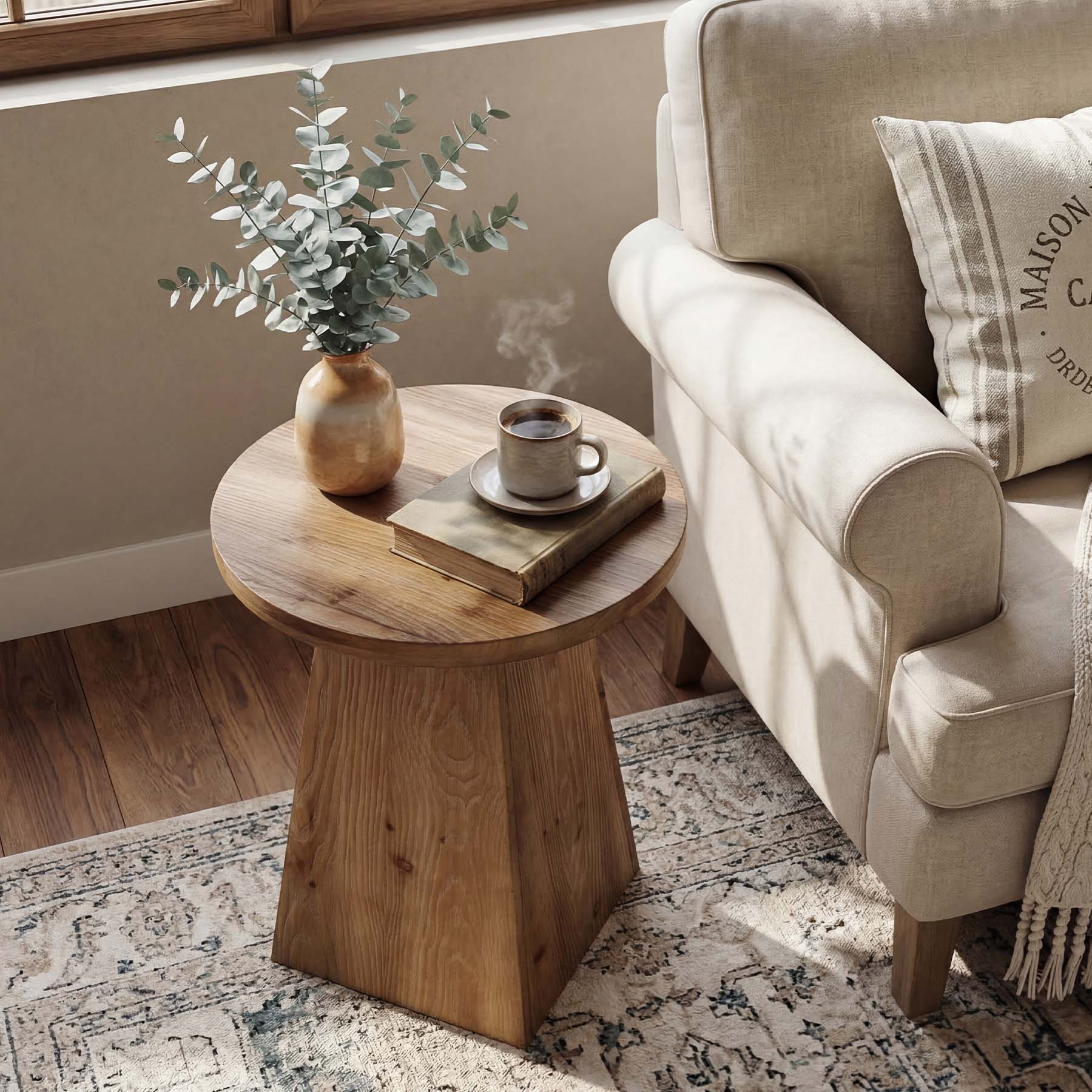 18.9 Inch Solid Wood End Table with Trapezoid Base, Round Side Table for Living Room Small Spaces