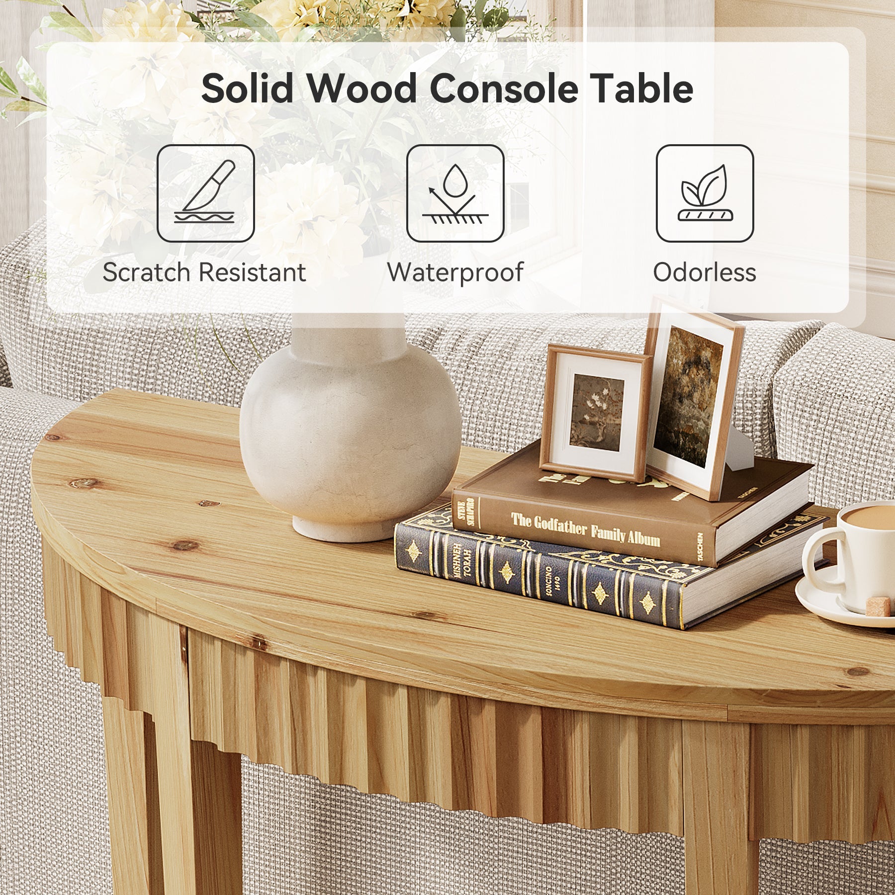 Solid Wood Console Table, Half Moon Entryway Table with 2-Tier Shelf