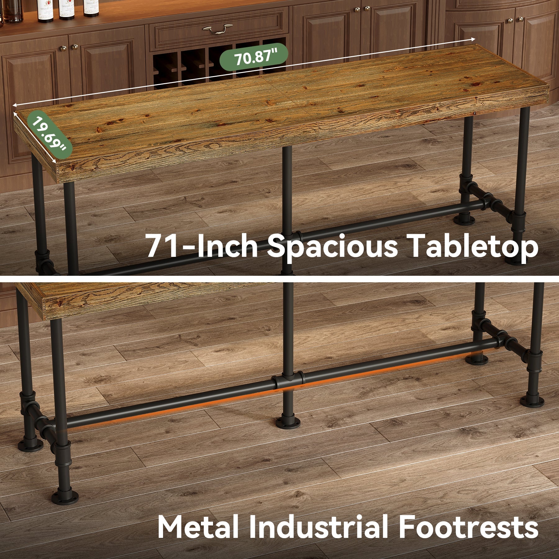 70.87" Solid Wood Bar Table for 6-8 People, Industrial Counter Height Pub Table