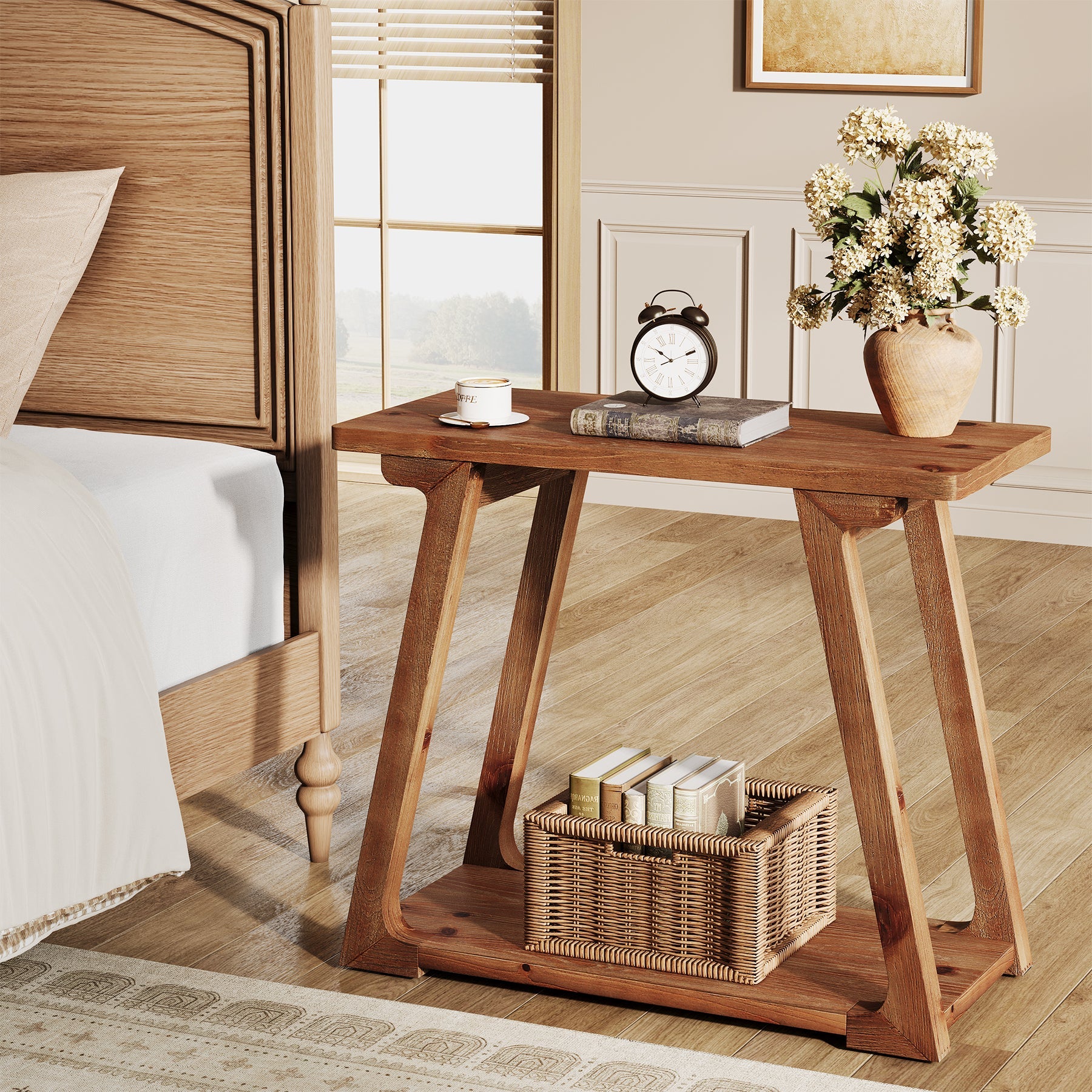 Solid Wood End Table, Narrow Side Table Nightstand with 2-Tier