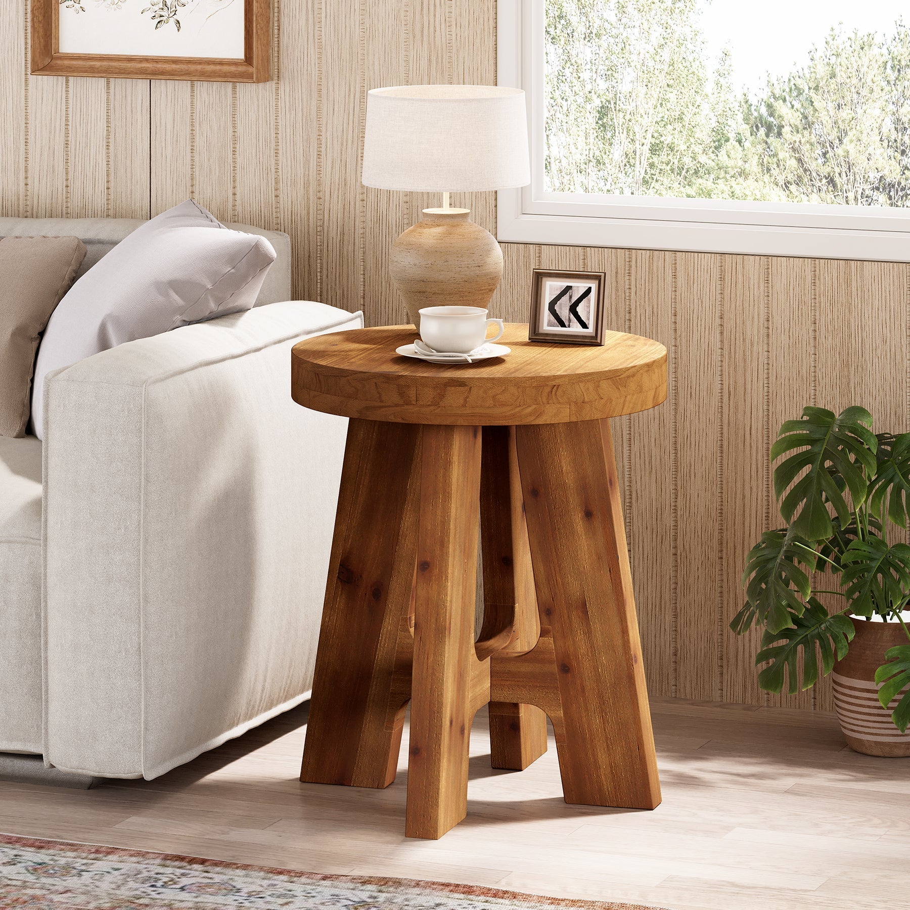 Solid Wood End Table, Round Side Table with Heavy-Duty Legs for Couch
