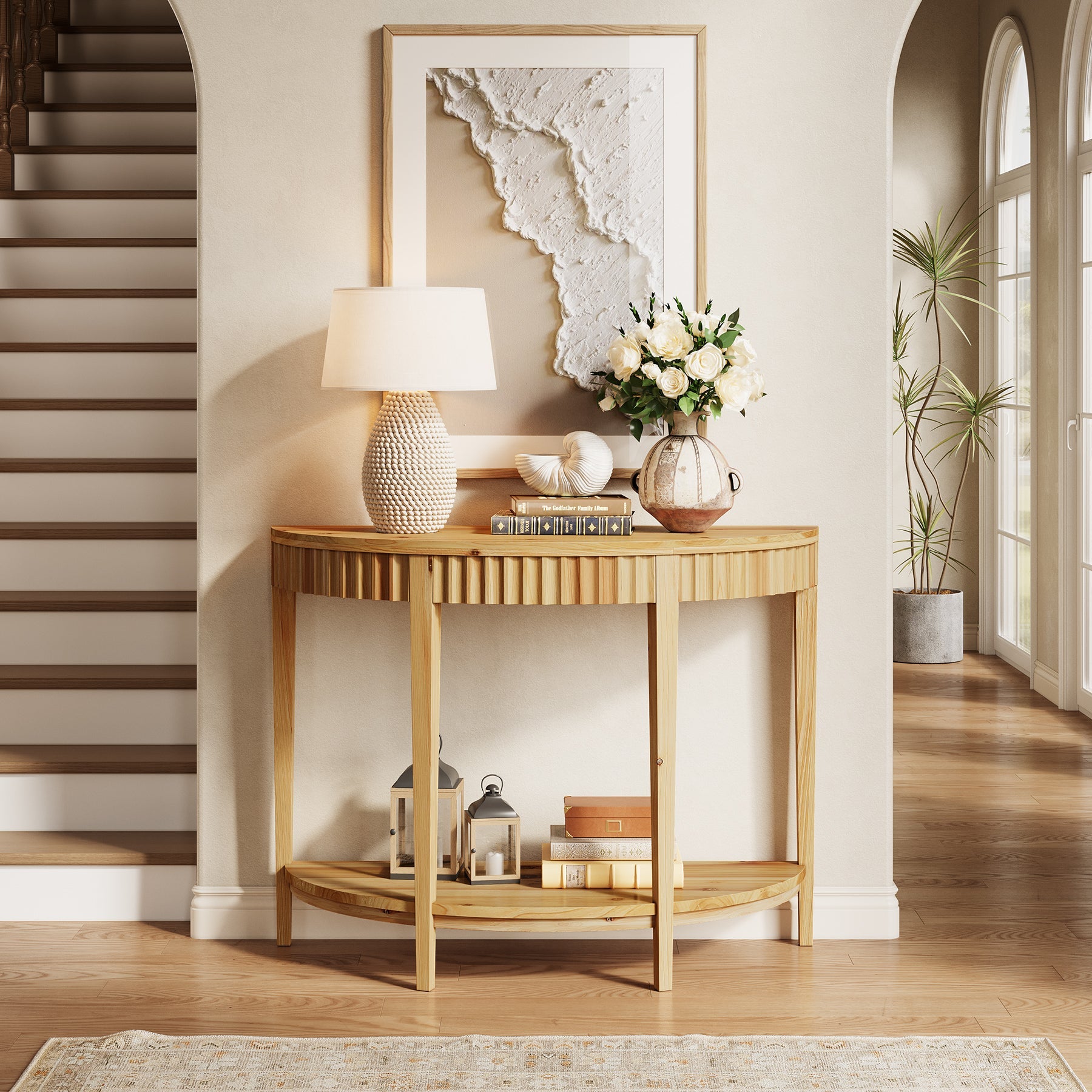 Solid Wood Console Table, Half Moon Entryway Table with 2-Tier Shelf