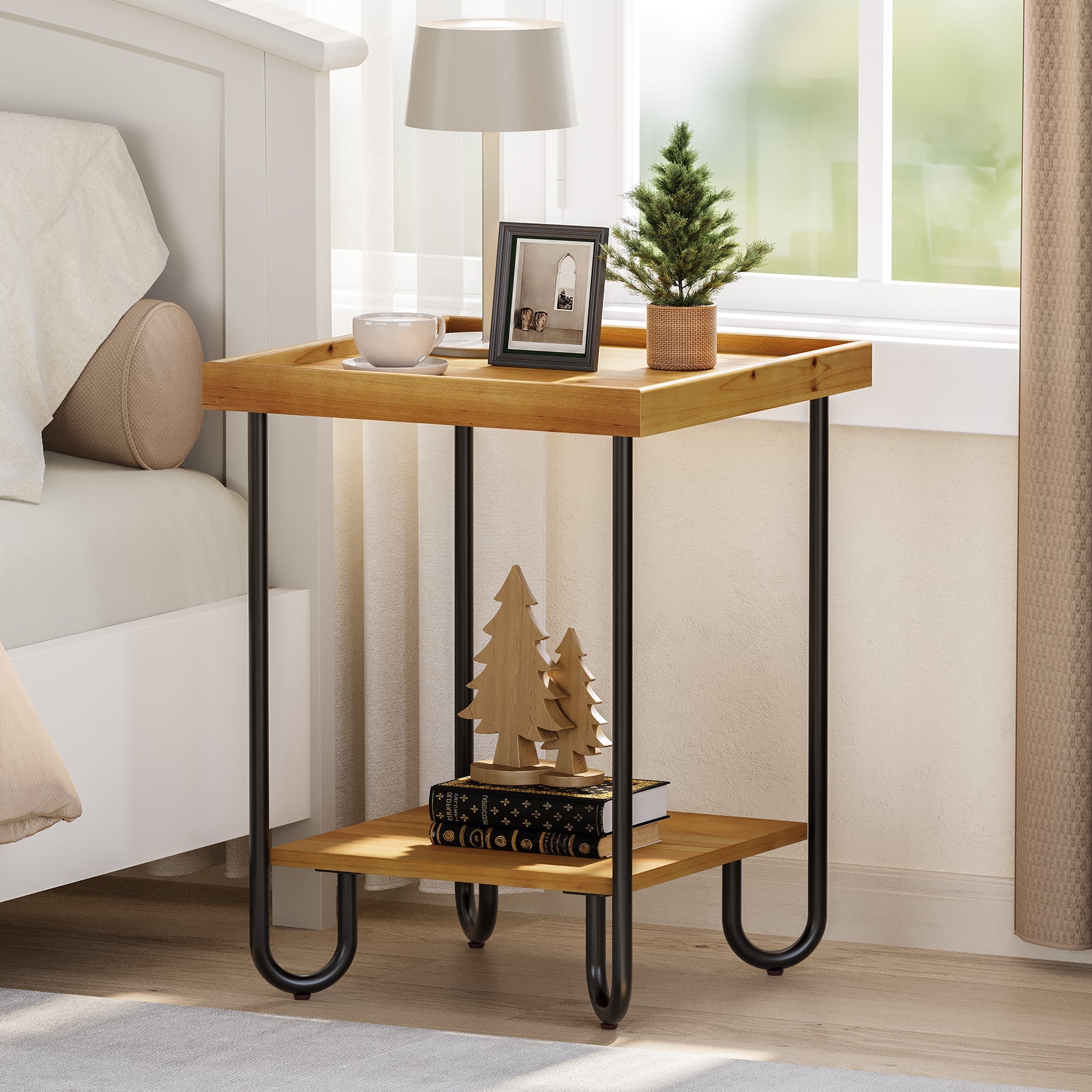Solid Wood End Table, 2-Tier Side Table Nightstand with Storage Shelf