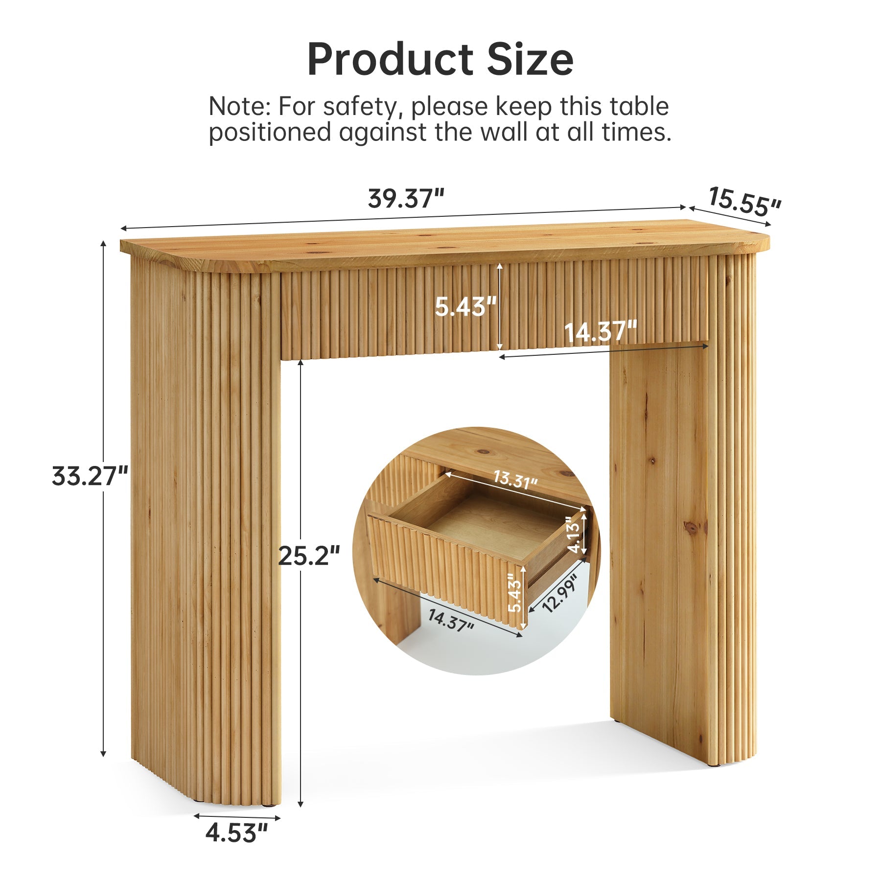 Solid Wood Console Table, 39" Fluted Entryway Sofa Table with Drawers