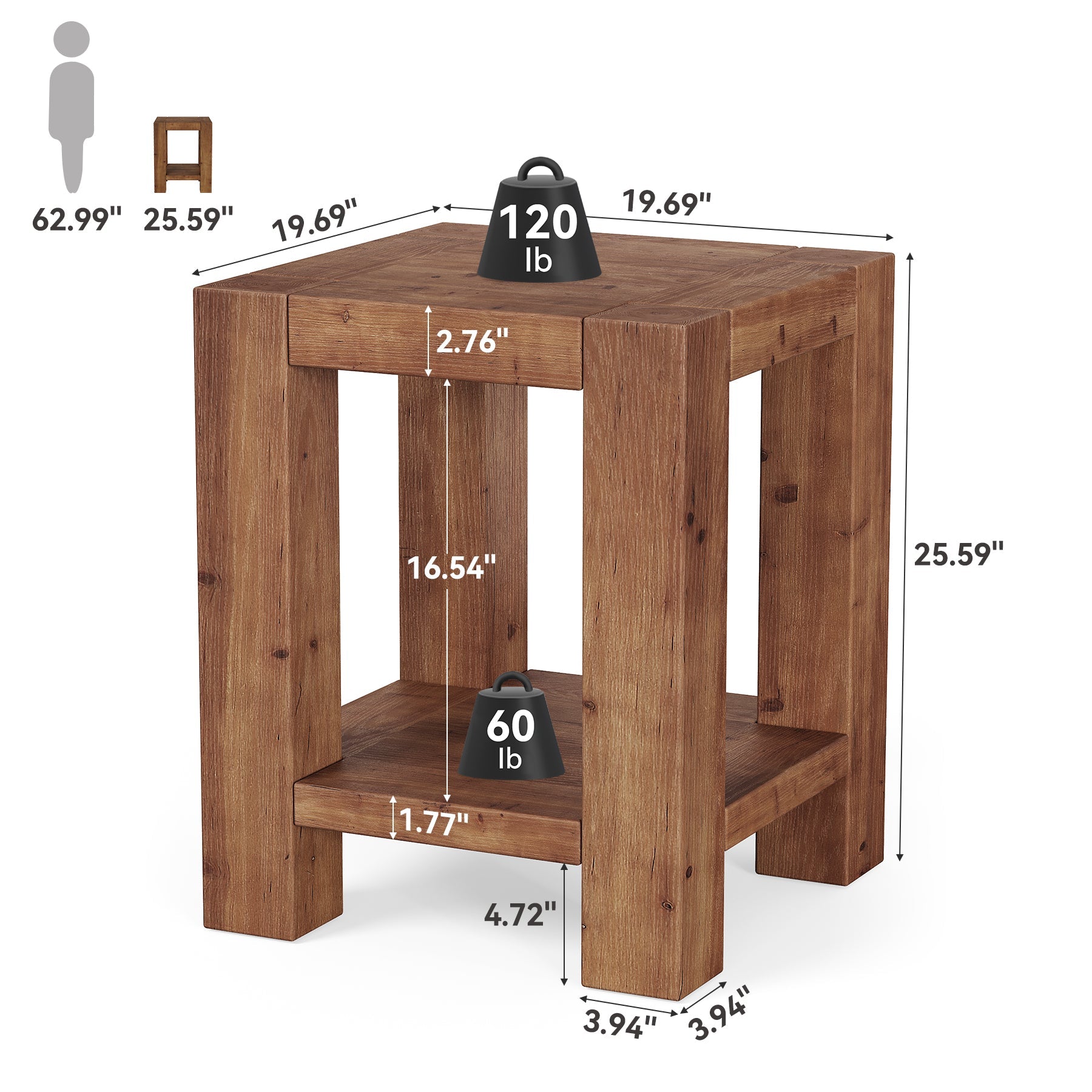 19.6" Farmhouse Side Table, Solid Wood 2-Tier End Table with Storage Shelves