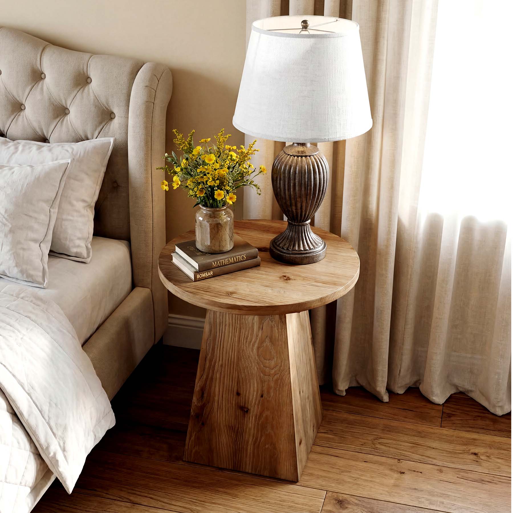 18.9 Inch Solid Wood End Table with Trapezoid Base, Round Side Table for Living Room Small Spaces
