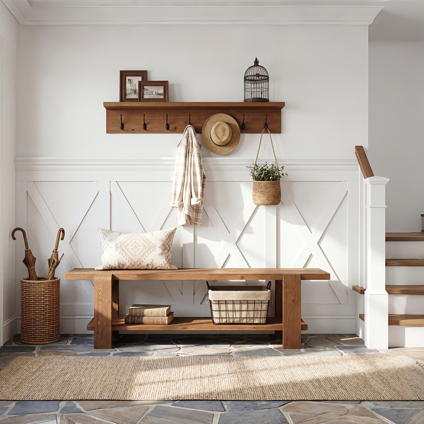 Solid Wood Entryway Bench, 63" End of Bed Bench with Shoe Storage Shelf