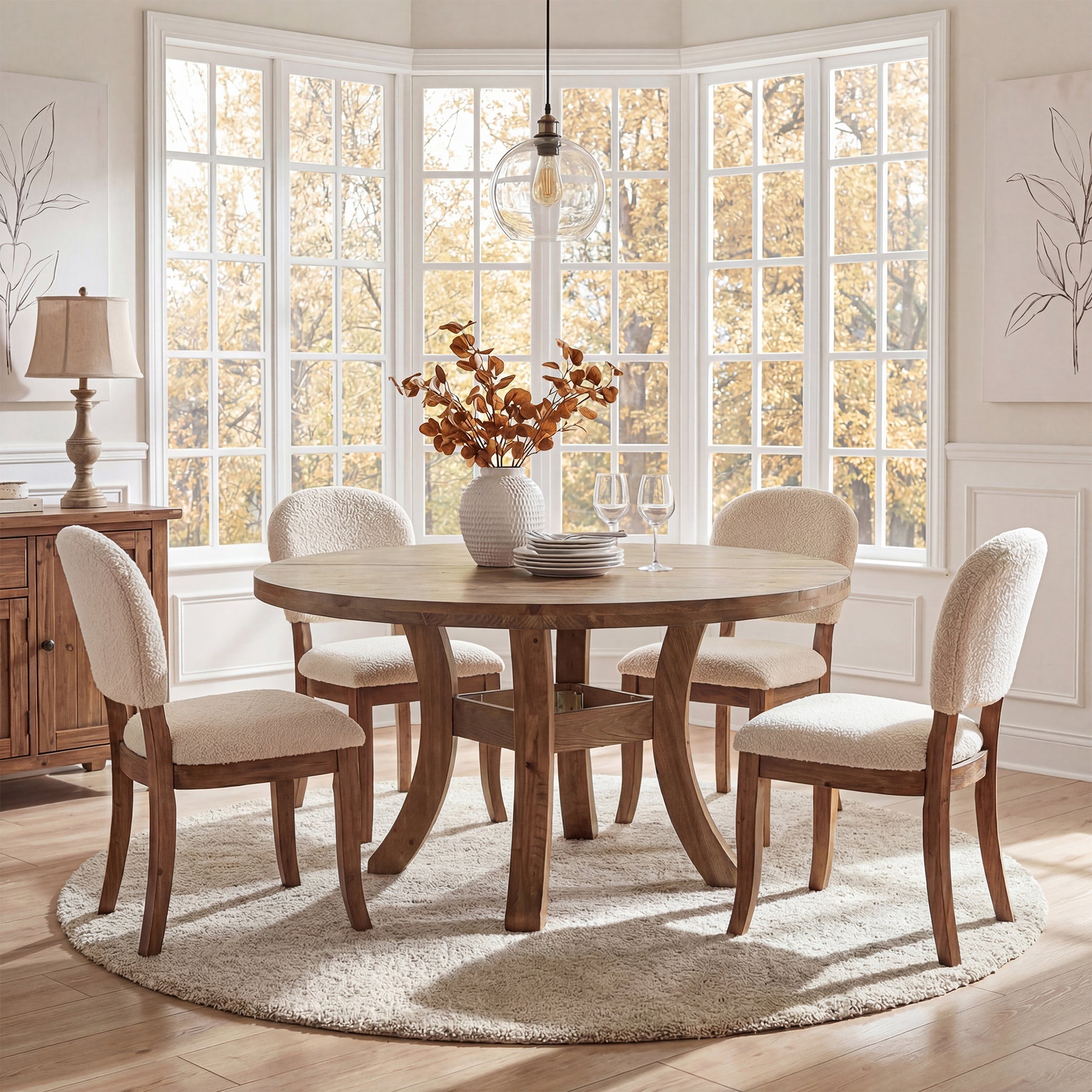 Solid Wood Round Dining Table, 47" Kitchen Table with Unique Curved Legs