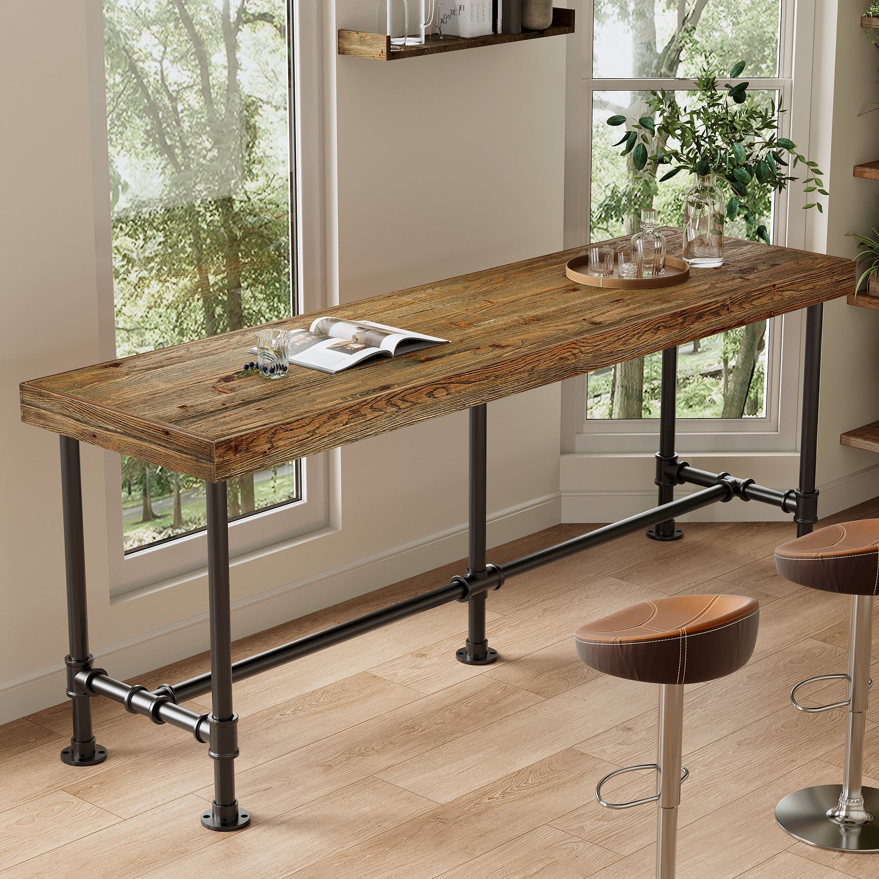70.87" Solid Wood Bar Table for 6-8 People, Industrial Counter Height Pub Table