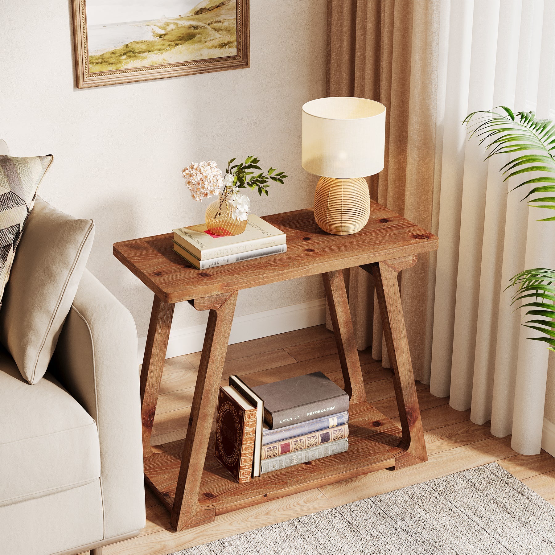 Solid Wood End Table, Narrow Side Table Nightstand with 2-Tier Storage