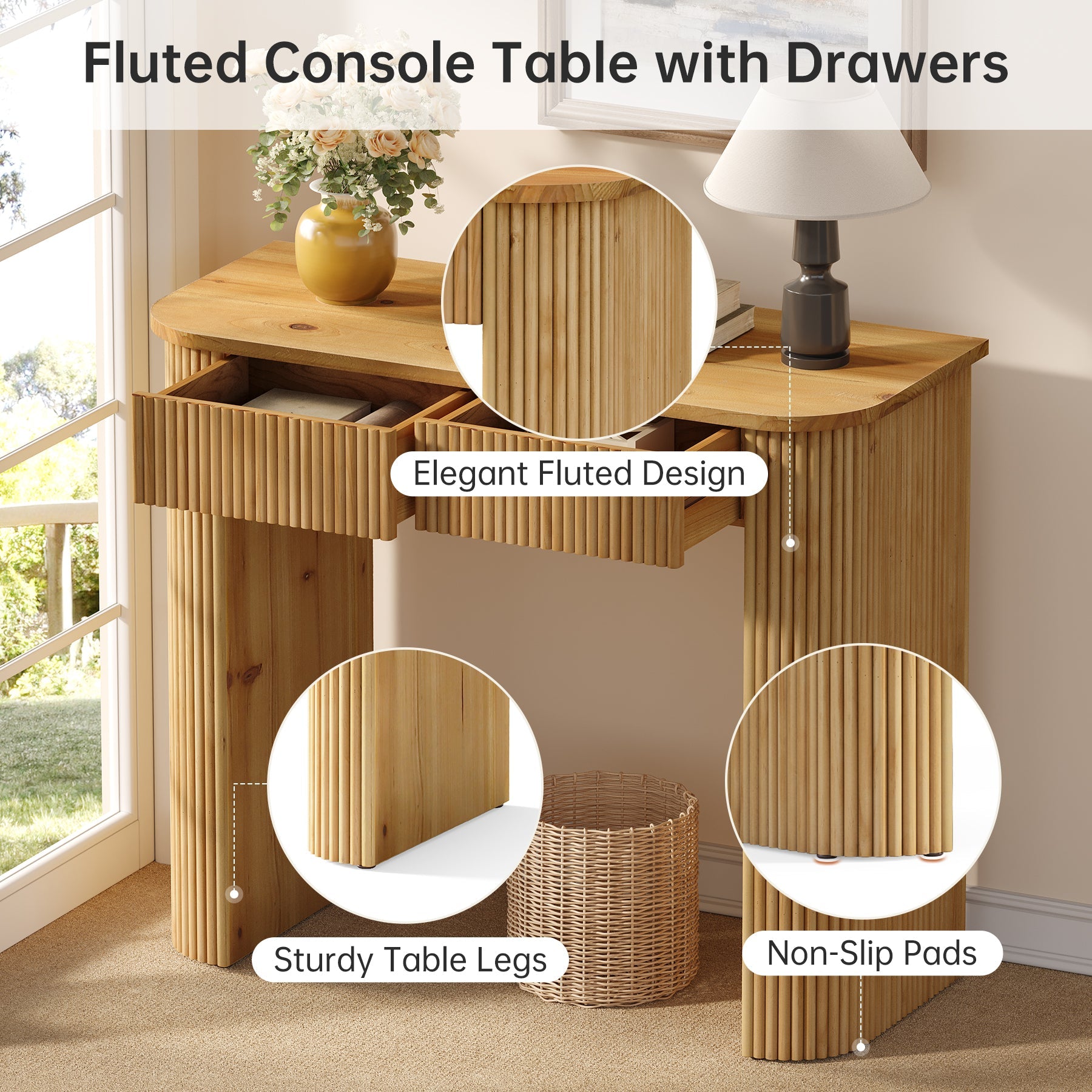 Solid Wood Console Table, 39" Fluted Entryway Sofa Table with Drawers