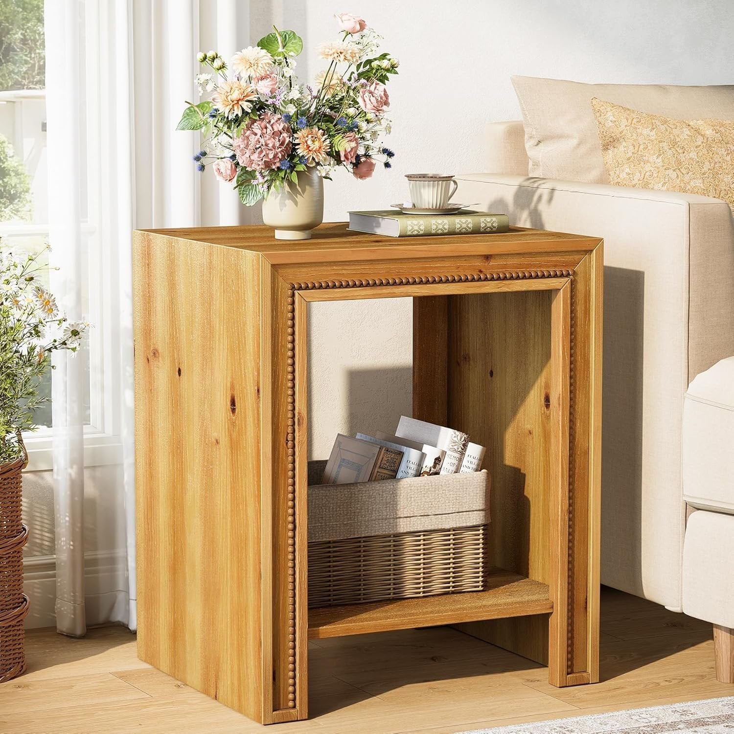 19.6" Solid Wood End Table, 2-Tier Farmhouse Side Table Nightstand with Storage Shelves