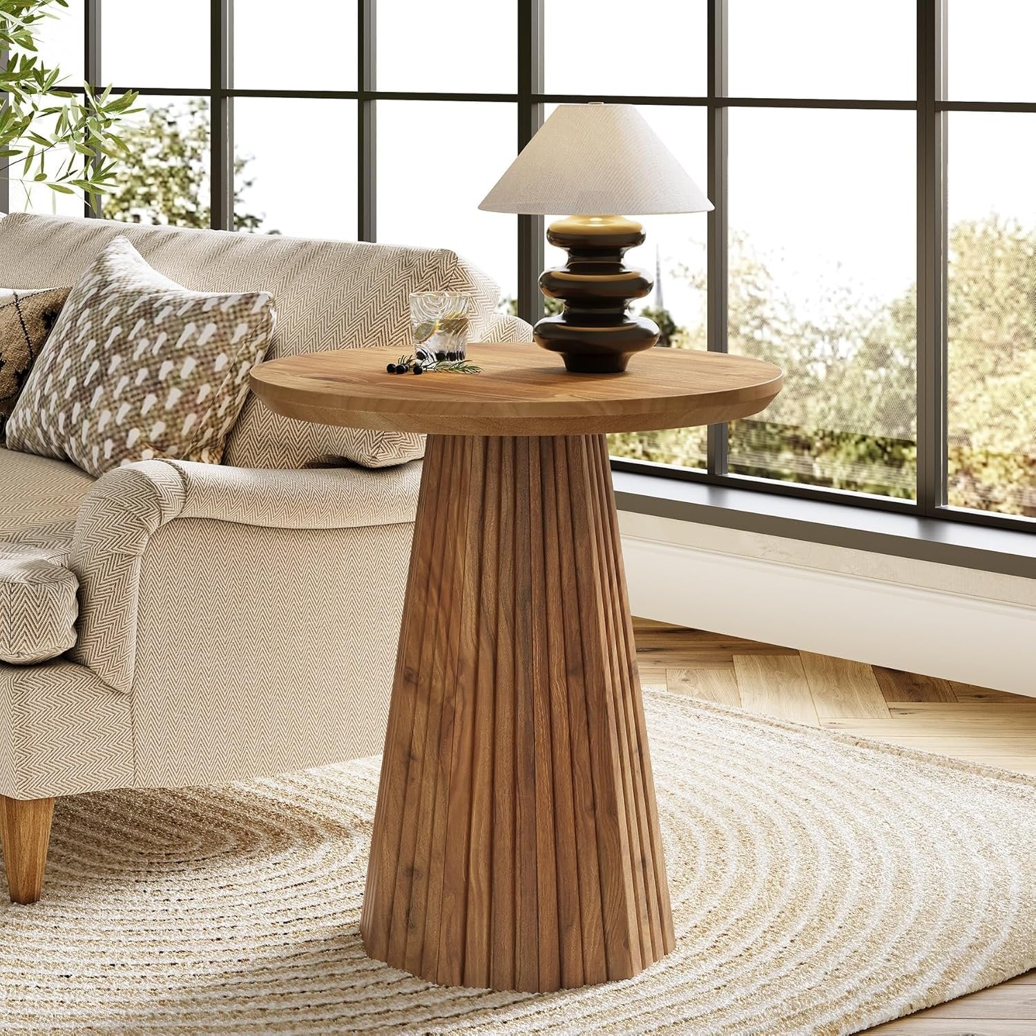 19" End Table, Solid Wood Round Pedestal Side Table with Fluted Base