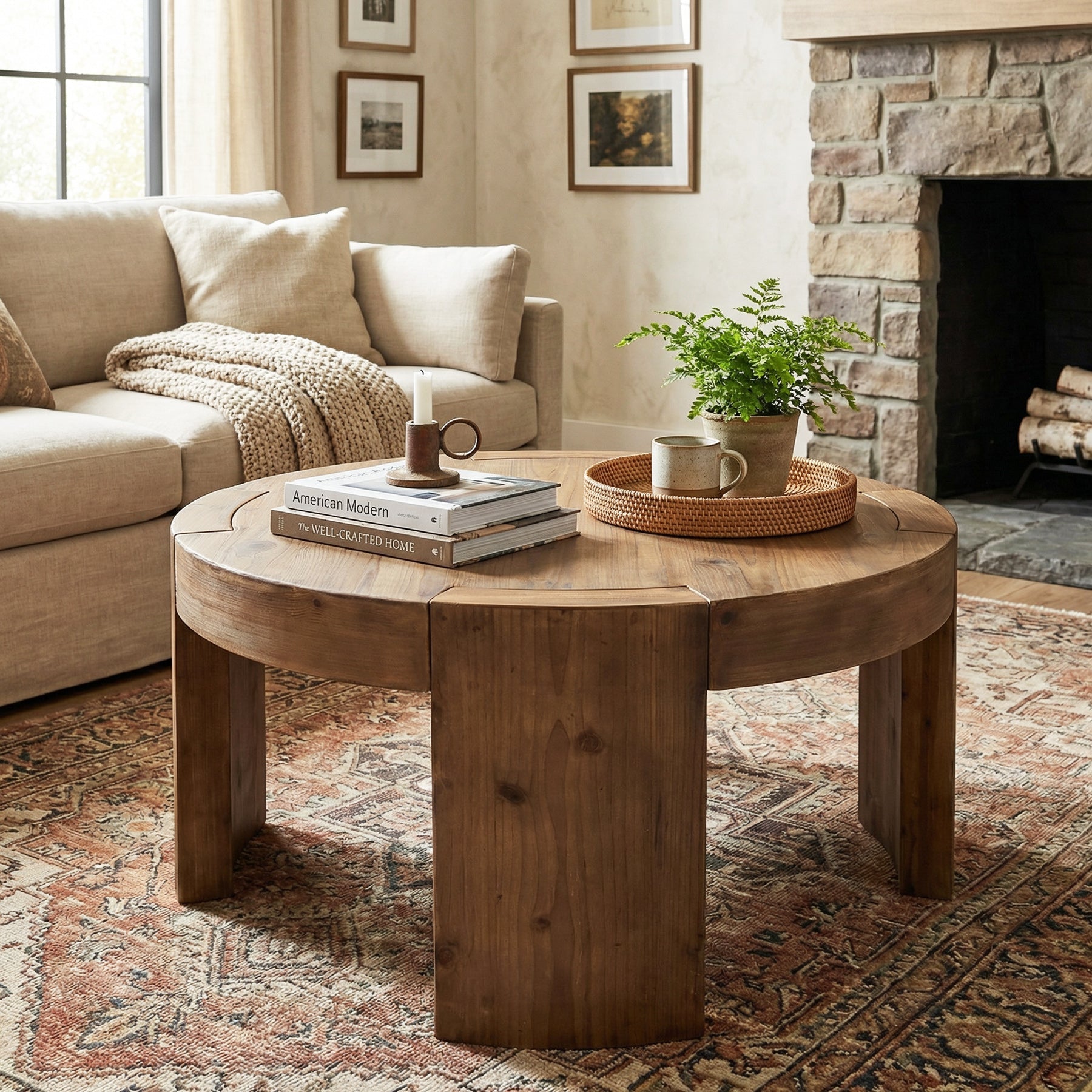 31.5" Round Coffee Table, Solid Wood Farmhouse Center Cocktail Tea Table for Living Room