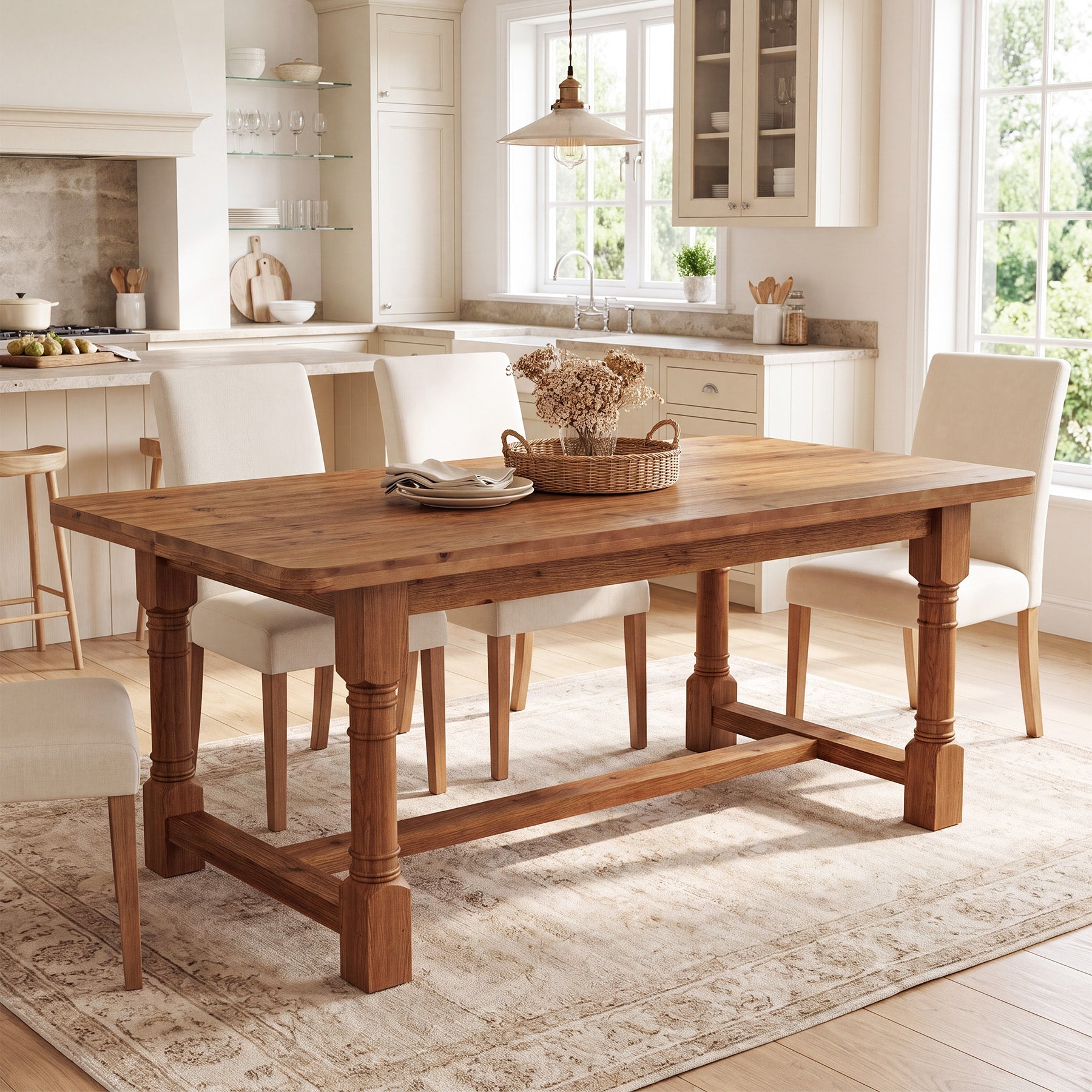 63" Solid Wood Dining Table, Farmhouse Kitchen Table with Trestle Base for 4-6