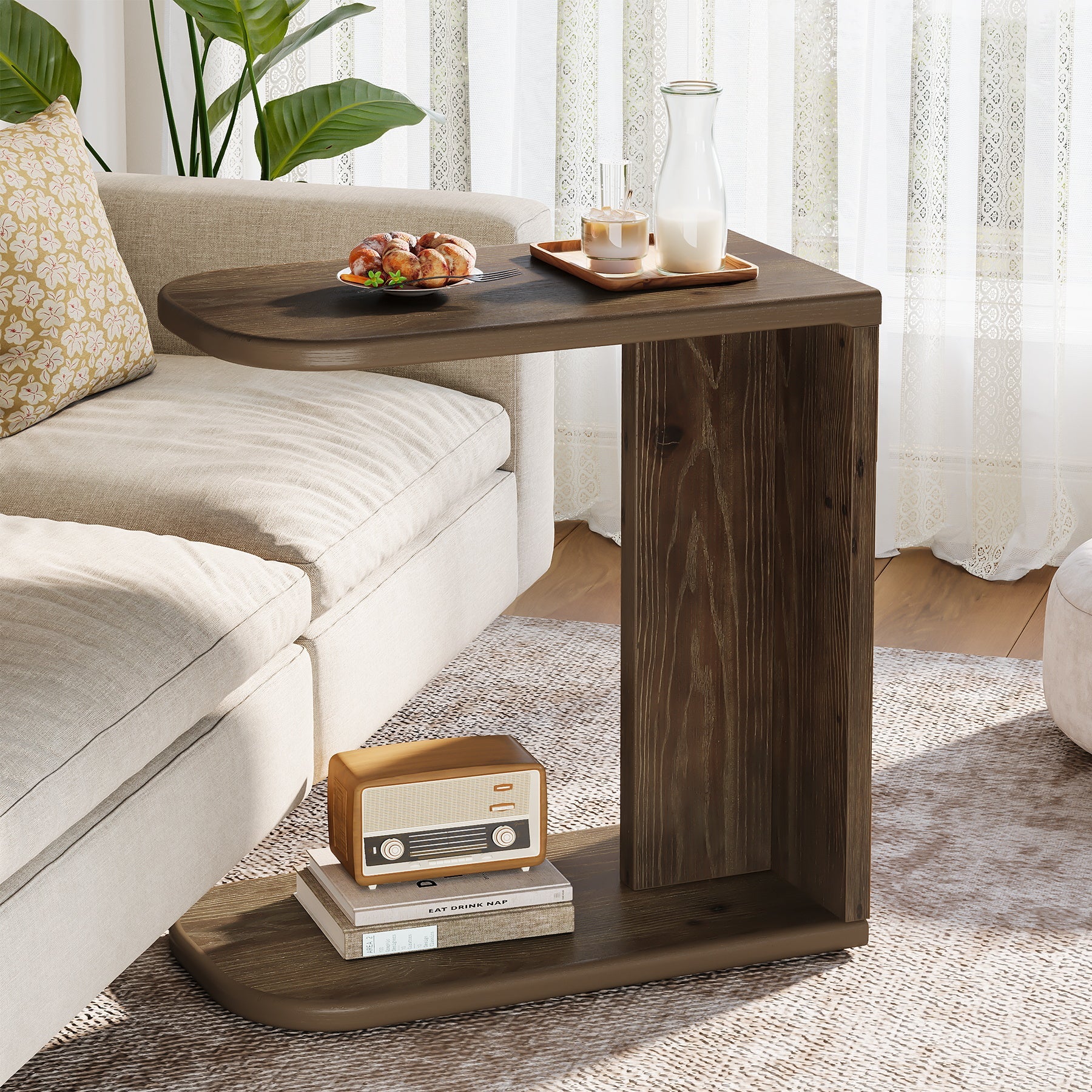 Solid Wood End Table, C-Shaped Sofa Side Table for Living Room