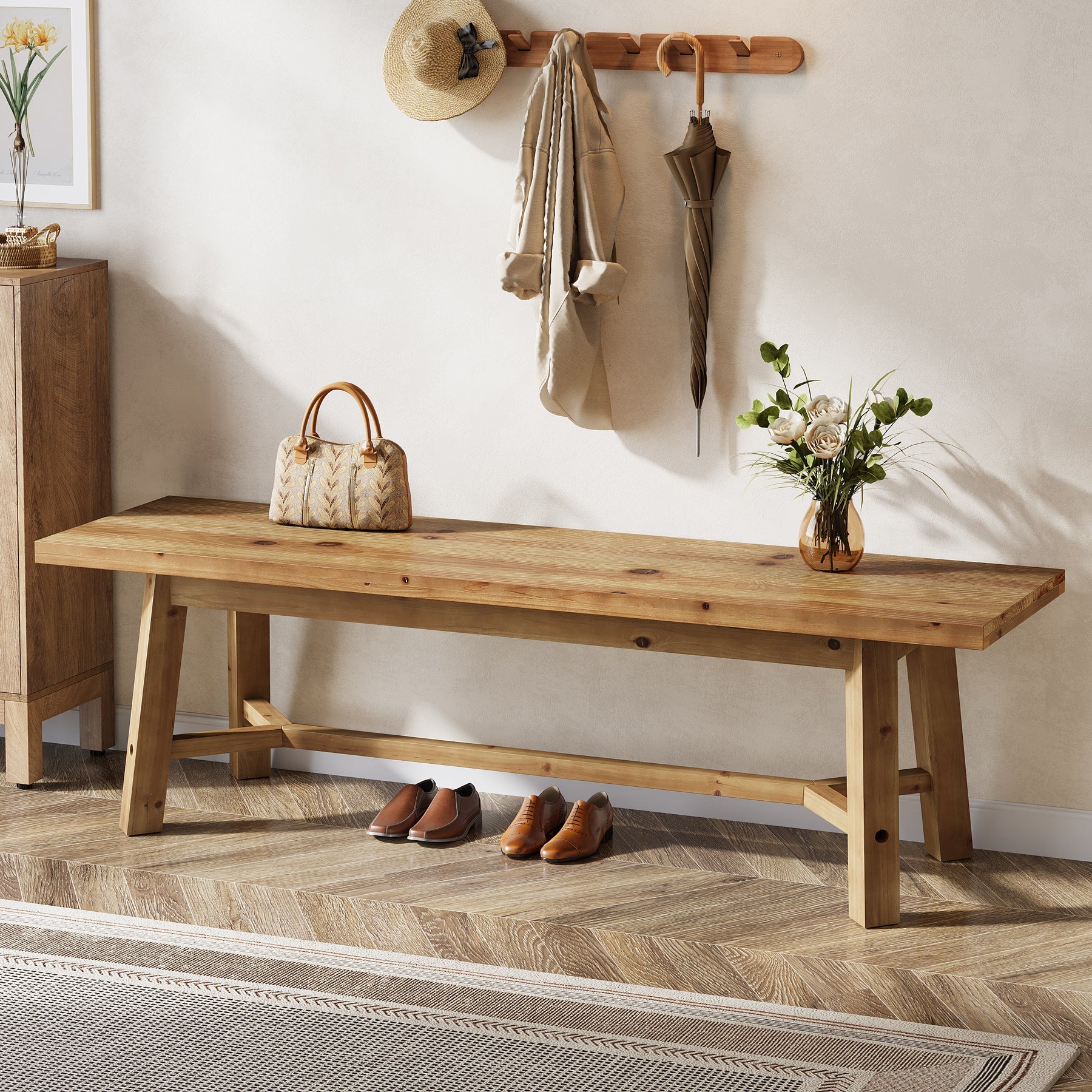 55" Solid Wood Bench, Farmhouse Long Bench Seat for Entryway